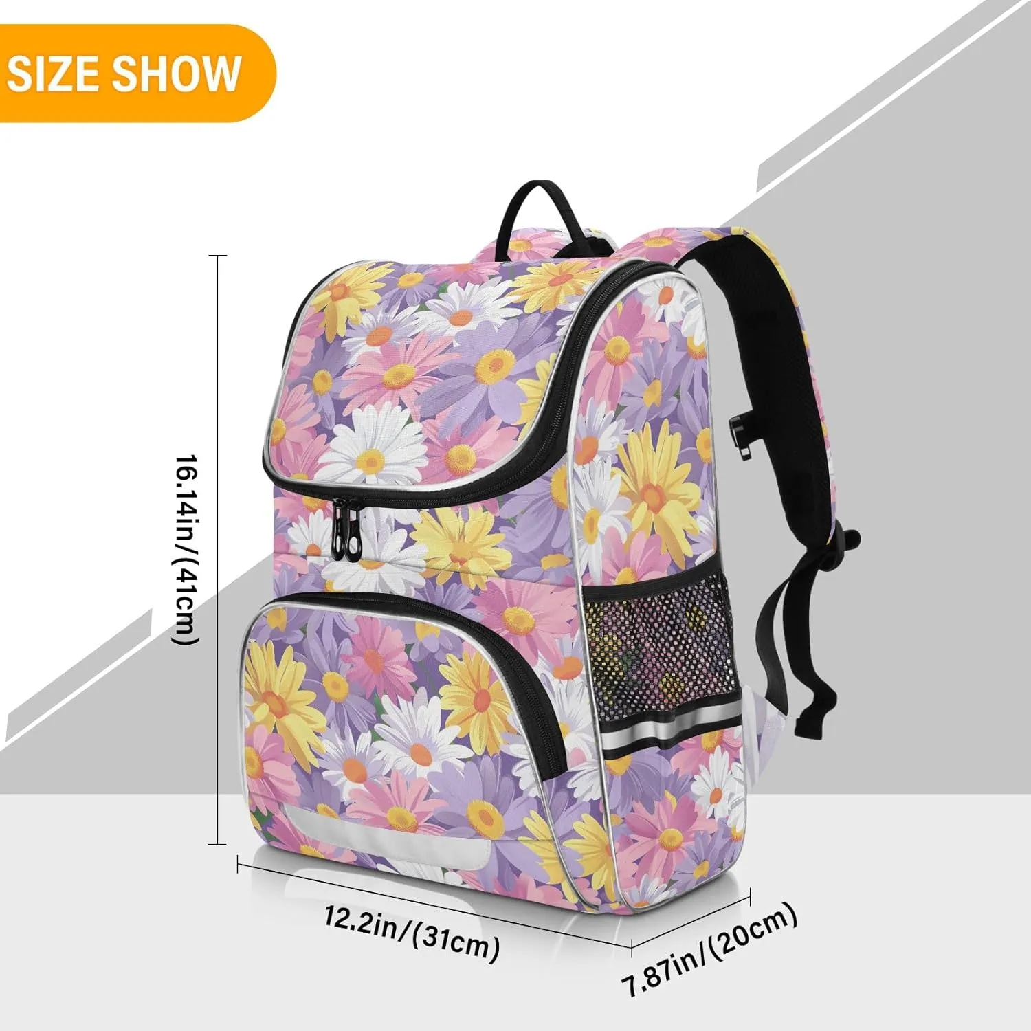 CHIFIGNO Pink Purple White Yellow Daisy Flowers School Backpacks Middle School Backpack Travel Laptop Backpack Book Bags Commuter Backpack with Reflective Strip