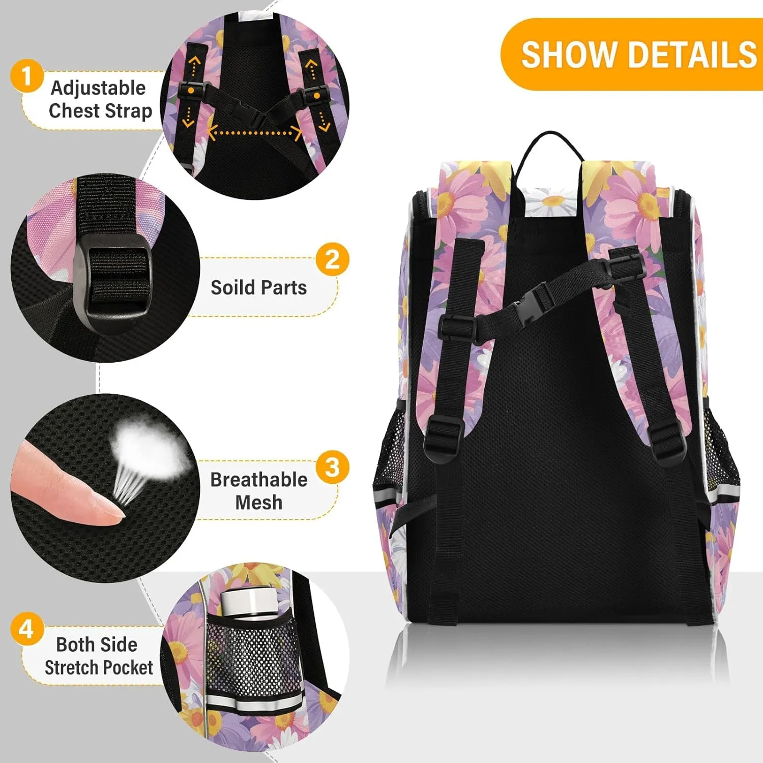 CHIFIGNO Pink Purple White Yellow Daisy Flowers School Backpacks Middle School Backpack Travel Laptop Backpack Book Bags Commuter Backpack with Reflective Strip