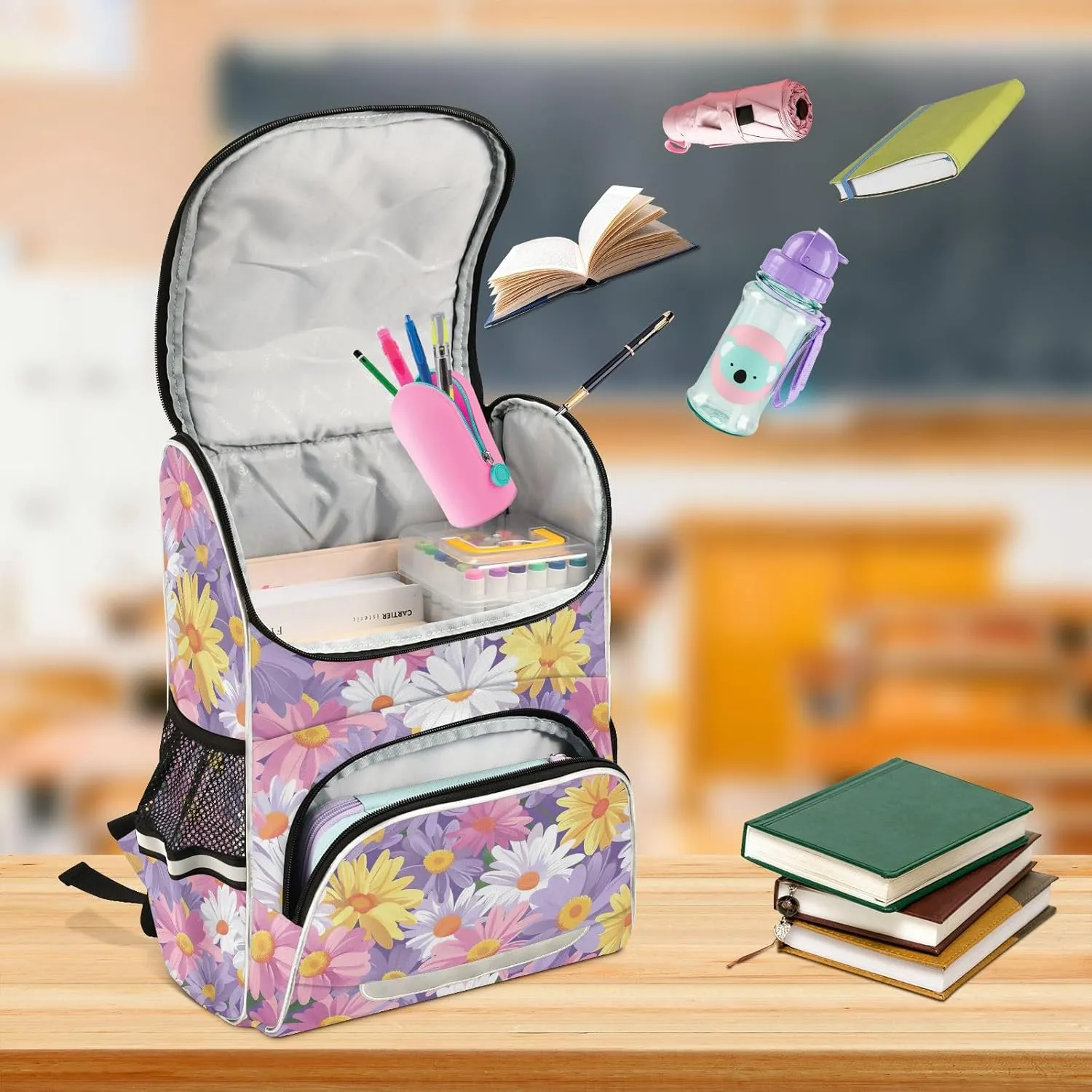 CHIFIGNO Pink Purple White Yellow Daisy Flowers School Backpacks Middle School Backpack Travel Laptop Backpack Book Bags Commuter Backpack with Reflective Strip
