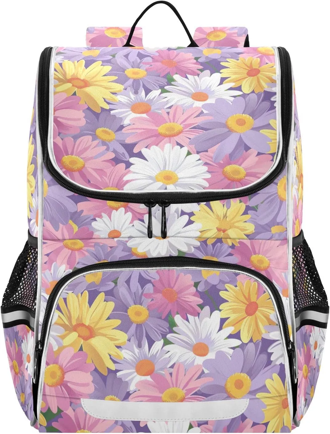 CHIFIGNO Pink Purple White Yellow Daisy Flowers School Backpacks Middle School Backpack Travel Laptop Backpack Book Bags Commuter Backpack with Reflective Strip