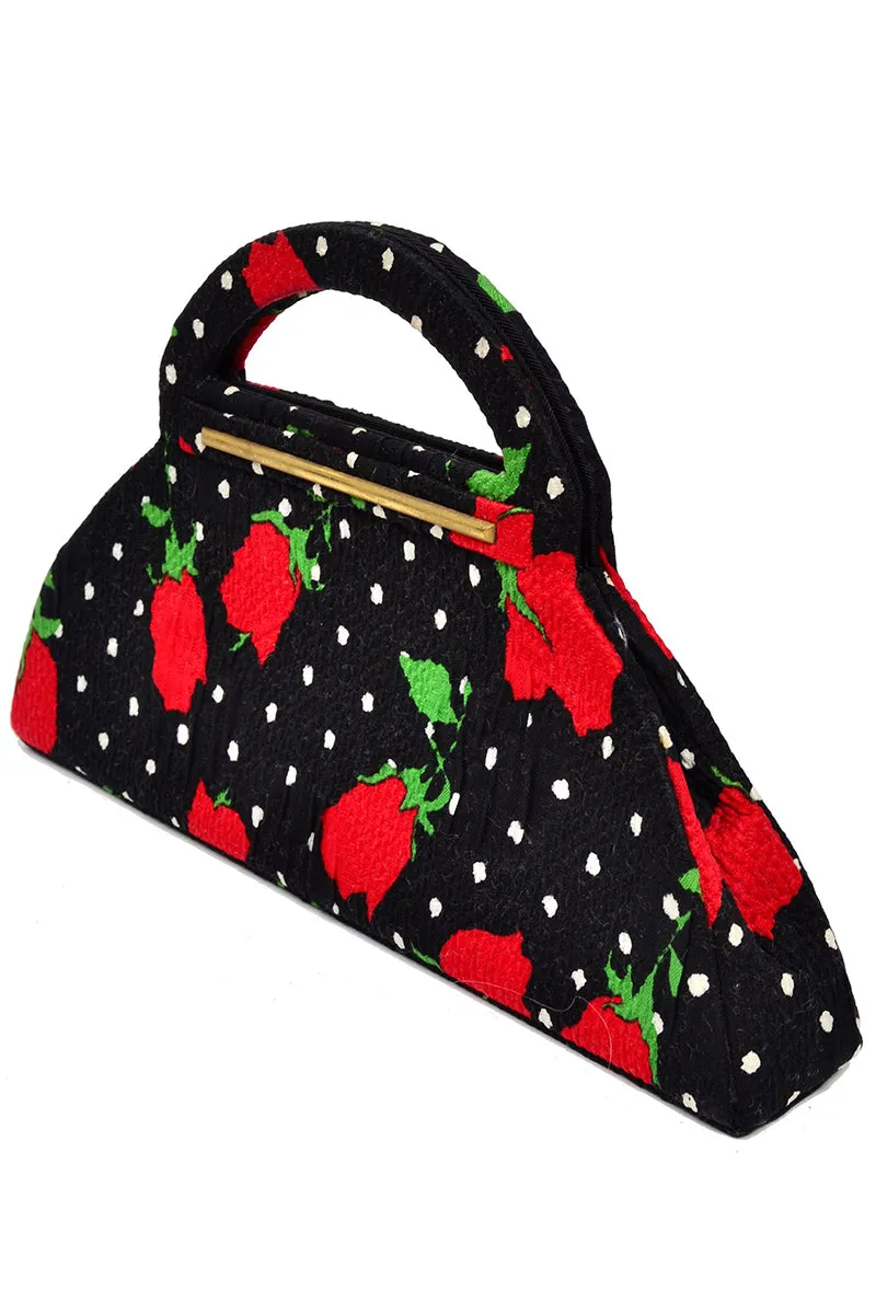 Christian Lacroix 1980s Black & White Polka Dot Handbag w/ red flowers