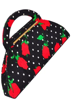 Christian Lacroix 1980s Black & White Polka Dot Handbag w/ red flowers