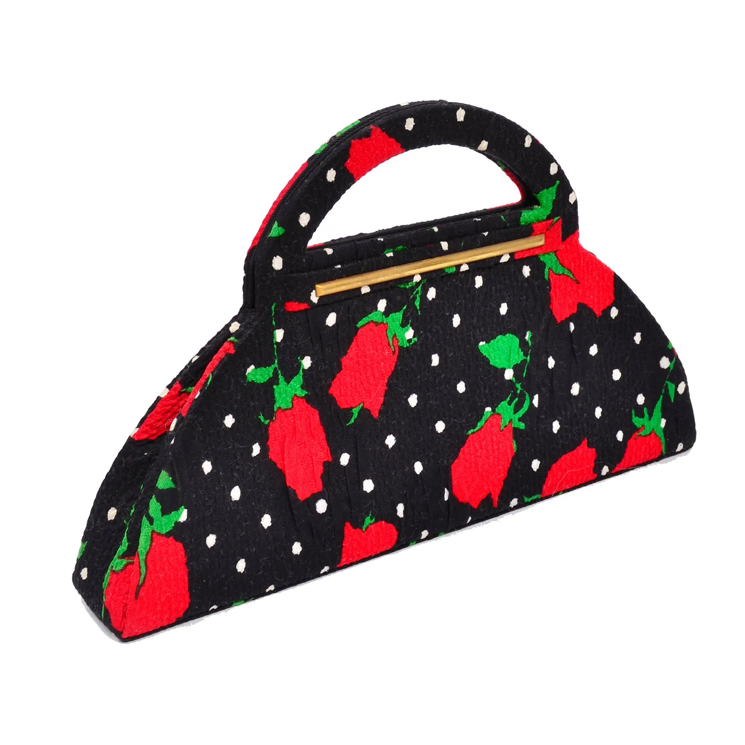 Christian Lacroix 1980s Black & White Polka Dot Handbag w/ red flowers