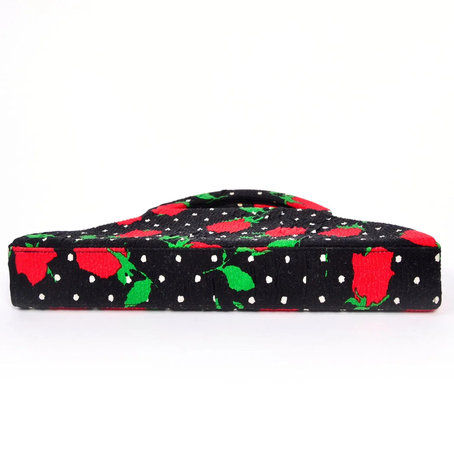 Christian Lacroix 1980s Black & White Polka Dot Handbag w/ red flowers