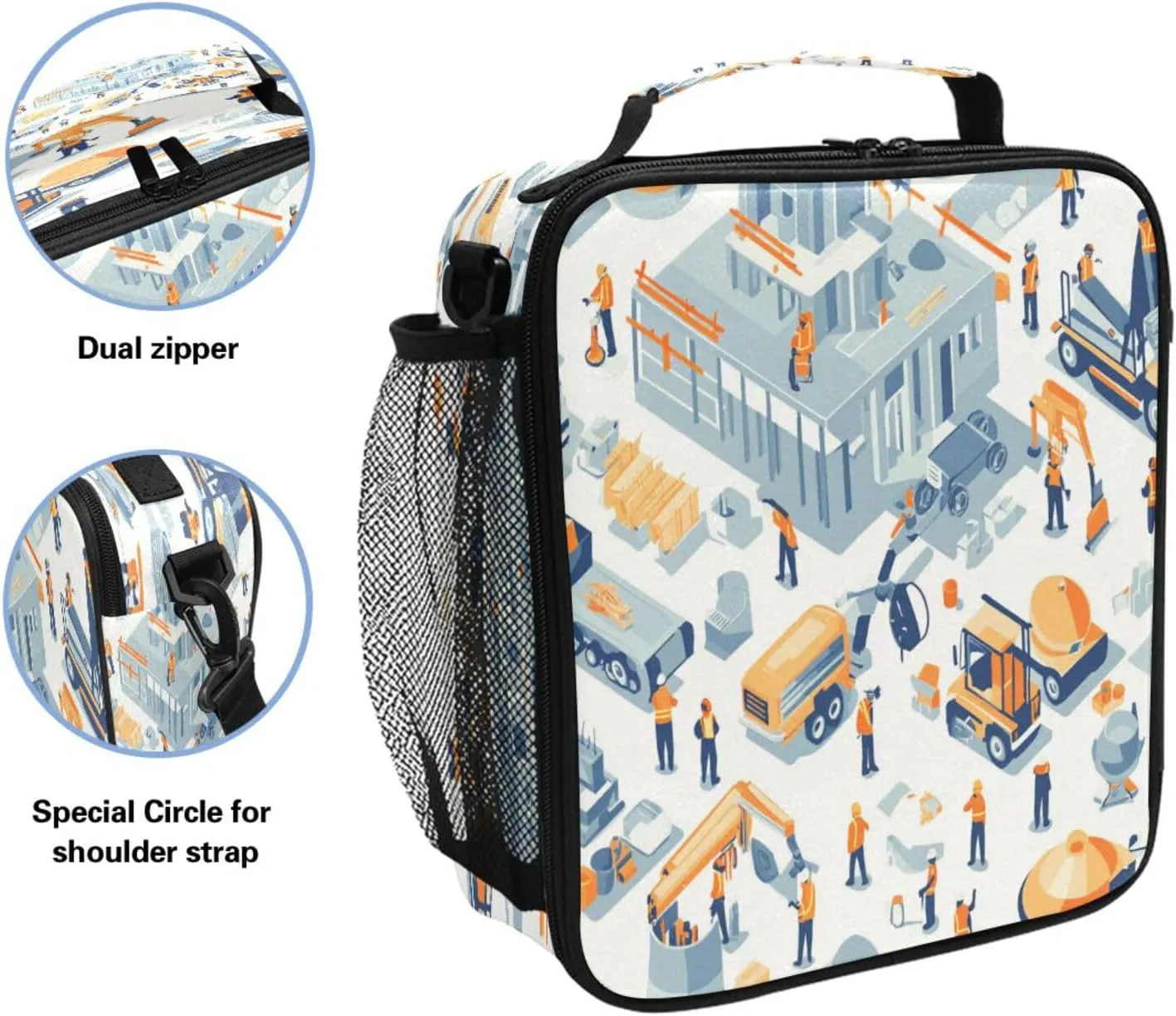 Cooler Thermal Meal Tote Water Resistant Girls Lunch Bag with buckle for Outdoor Gym Construction Scene Concrete Mixer Truck