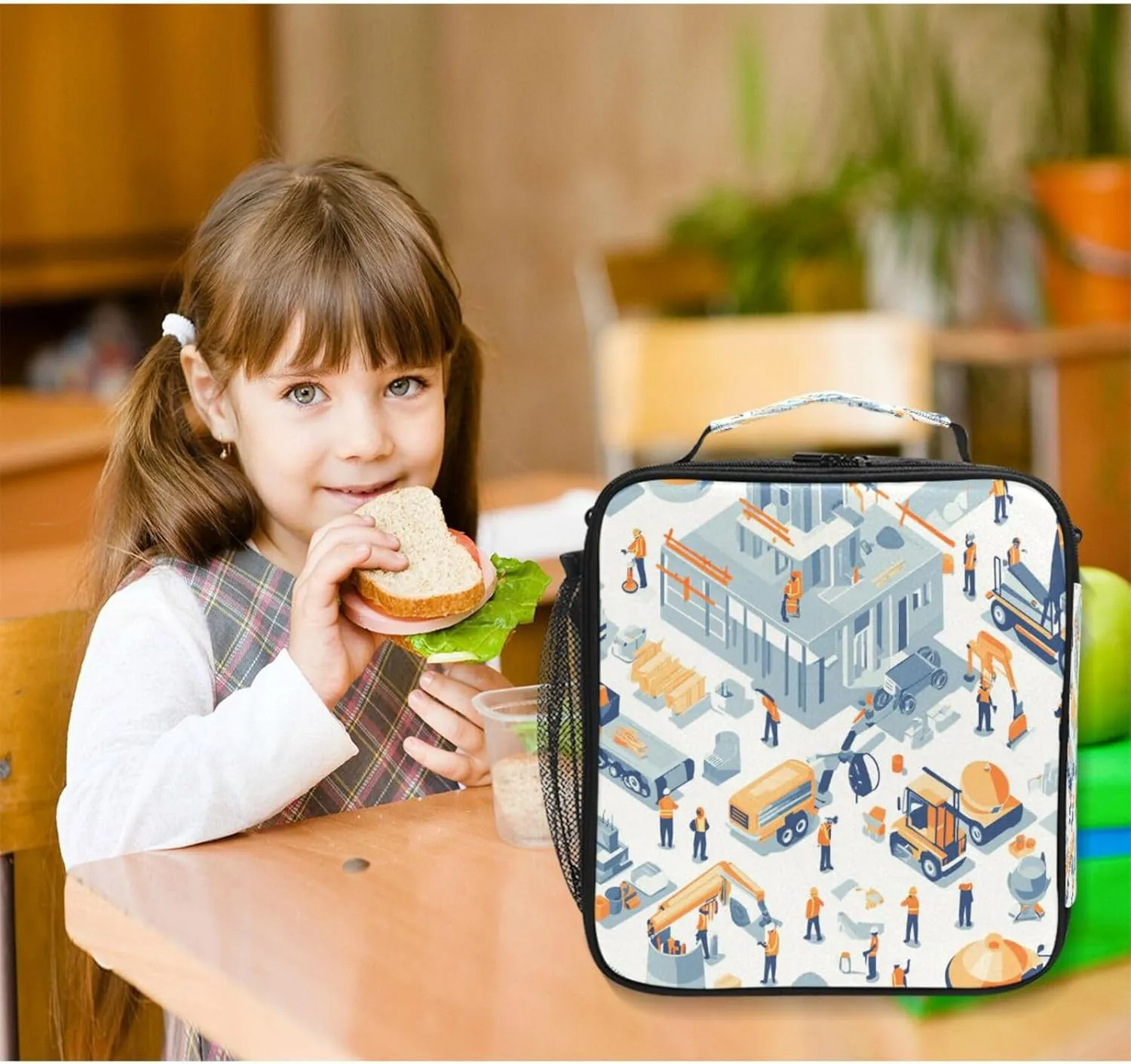 Cooler Thermal Meal Tote Water Resistant Girls Lunch Bag with buckle for Outdoor Gym Construction Scene Concrete Mixer Truck