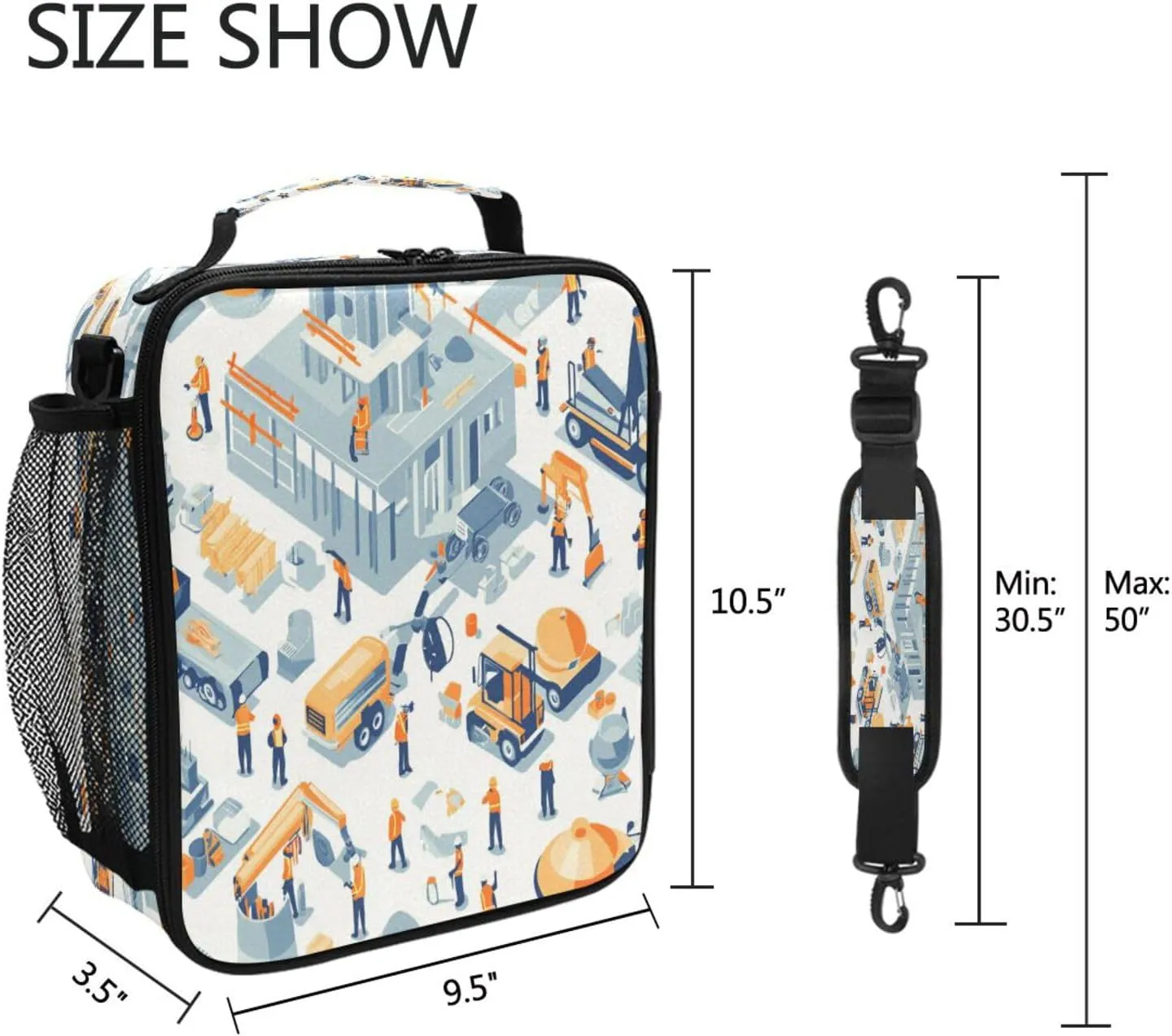 Cooler Thermal Meal Tote Water Resistant Girls Lunch Bag with buckle for Outdoor Gym Construction Scene Concrete Mixer Truck