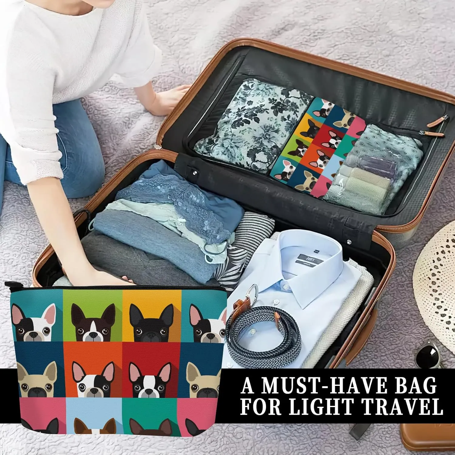 Cosmetic Bag Makeup Bag, Birthday Gifts for Women Mom, Cute Canvas Toiletry Bag, Durable Travel Toiletry Makeup Organizer Zipper Pouch, Lipstick Pouch, Cute Colorful Boston Terrier