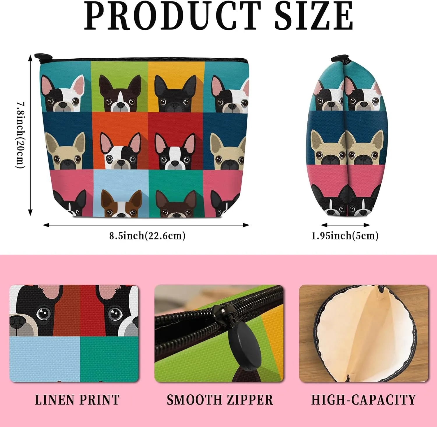 Cosmetic Bag Makeup Bag, Birthday Gifts for Women Mom, Cute Canvas Toiletry Bag, Durable Travel Toiletry Makeup Organizer Zipper Pouch, Lipstick Pouch, Cute Colorful Boston Terrier
