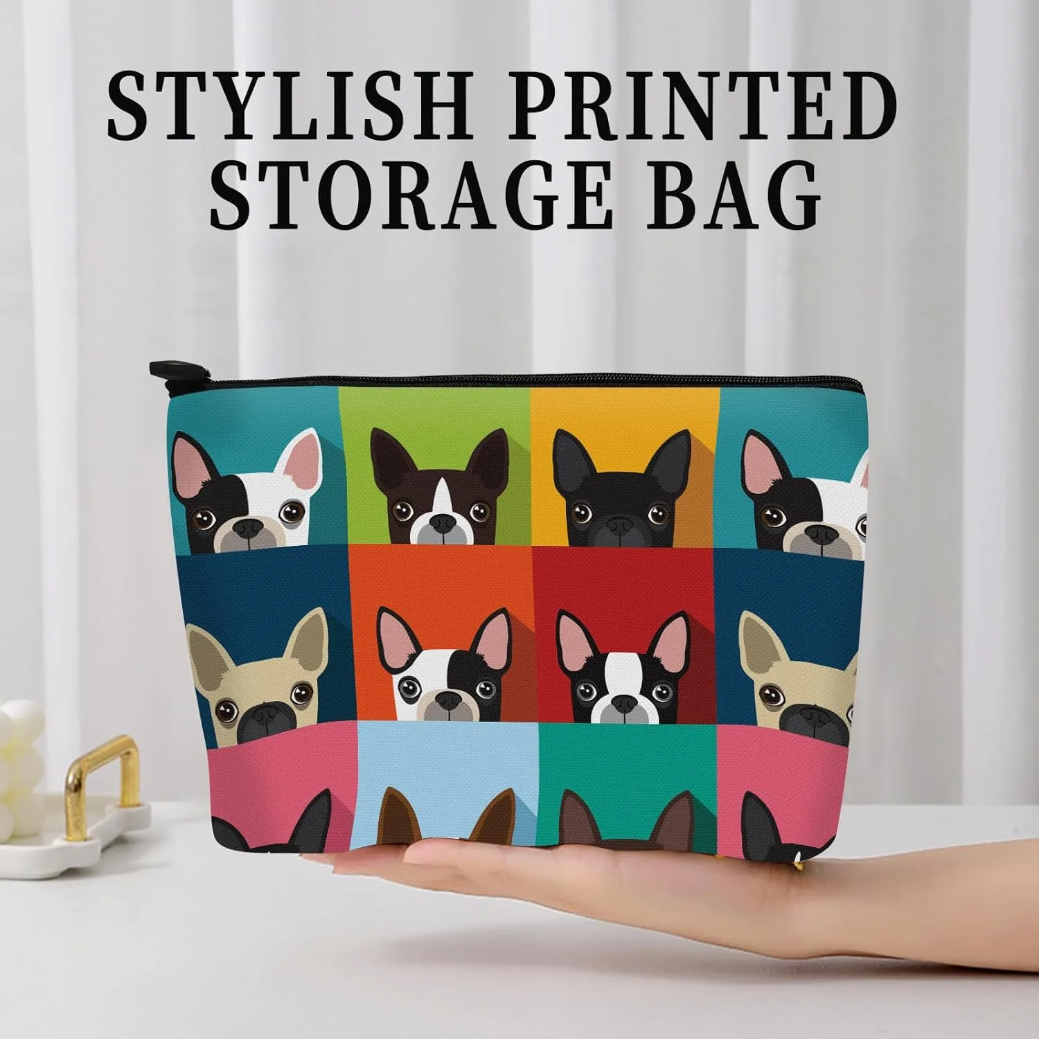 Cosmetic Bag Makeup Bag, Birthday Gifts for Women Mom, Cute Canvas Toiletry Bag, Durable Travel Toiletry Makeup Organizer Zipper Pouch, Lipstick Pouch, Cute Colorful Boston Terrier