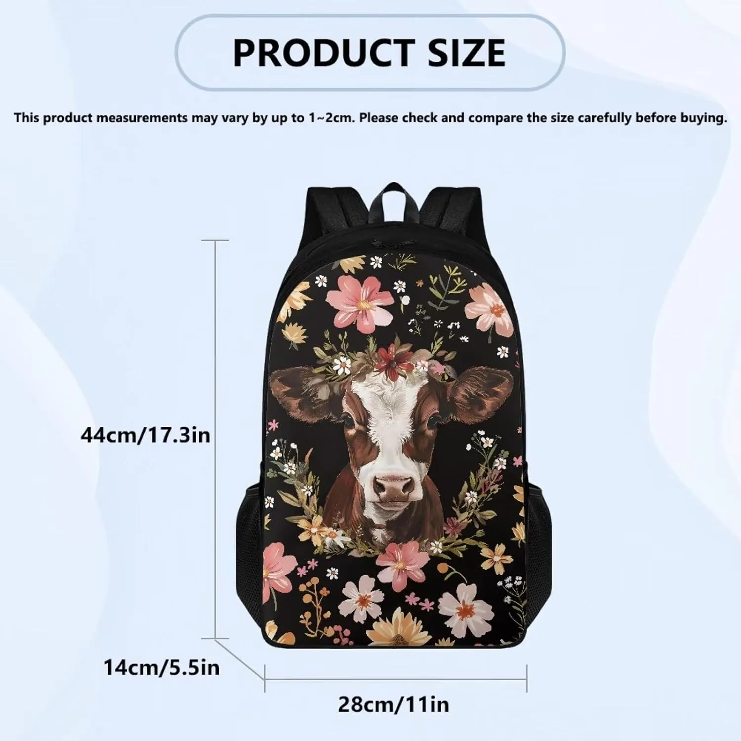 Cow Flower Print Backpacks for Kids Girls Boys, Lightweight 17 Inches Schoolbag with Adjustable Strap Casual Daypack Laptop Backpack Knapsack with Double Compartment for School Travel