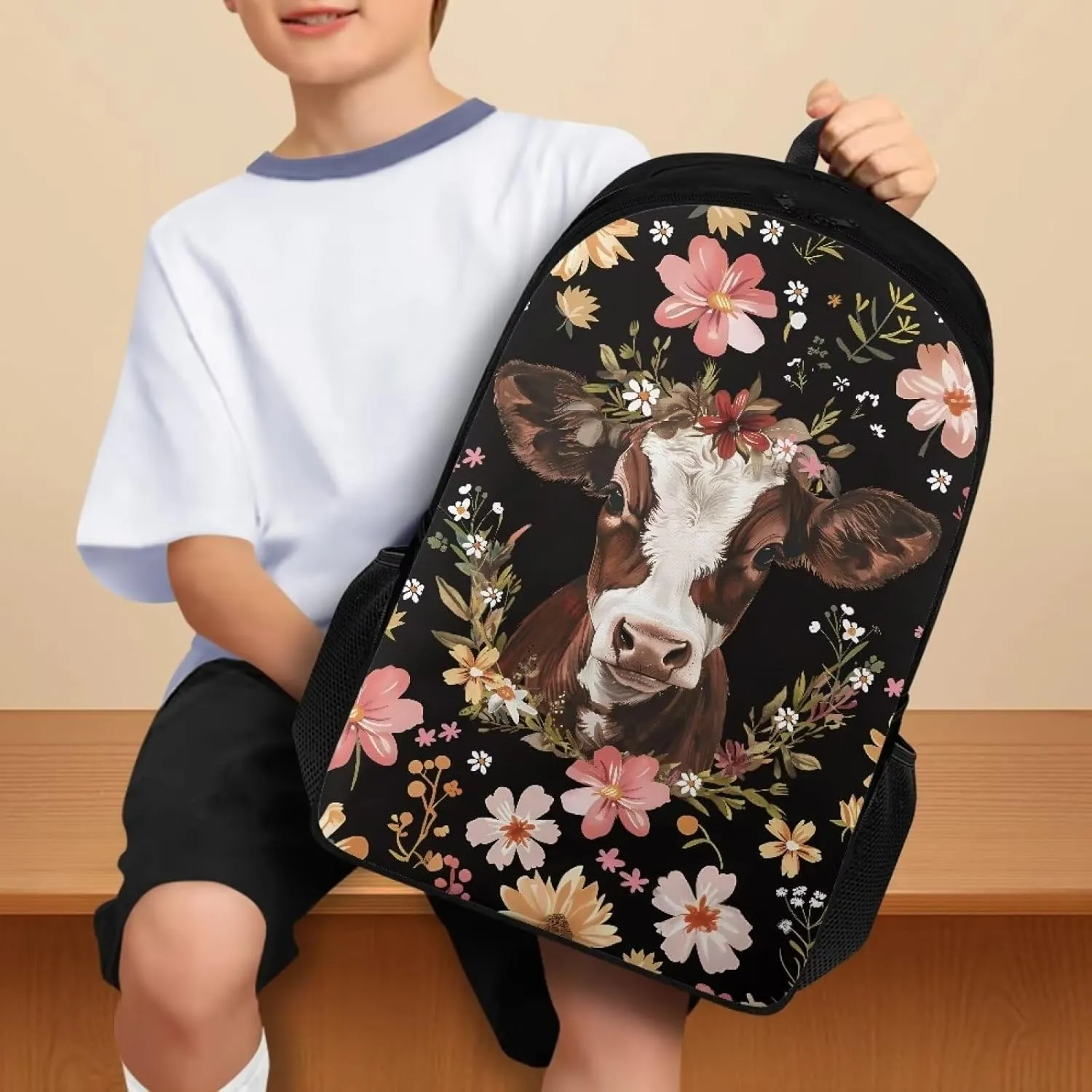 Cow Flower Print Backpacks for Kids Girls Boys, Lightweight 17 Inches Schoolbag with Adjustable Strap Casual Daypack Laptop Backpack Knapsack with Double Compartment for School Travel