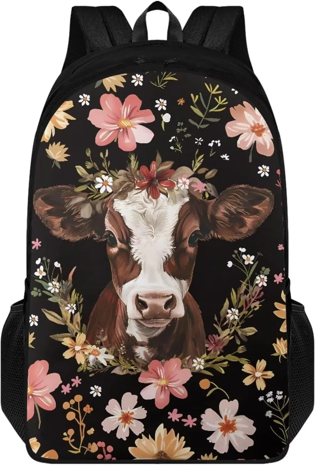 Cow Flower Print Backpacks for Kids Girls Boys, Lightweight 17 Inches Schoolbag with Adjustable Strap Casual Daypack Laptop Backpack Knapsack with Double Compartment for School Travel