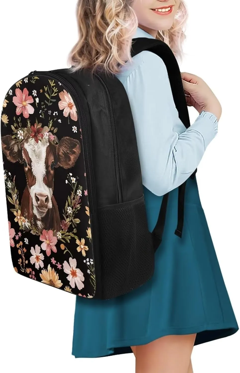 Cow Flower Print Backpacks for Kids Girls Boys, Lightweight 17 Inches Schoolbag with Adjustable Strap Casual Daypack Laptop Backpack Knapsack with Double Compartment for School Travel