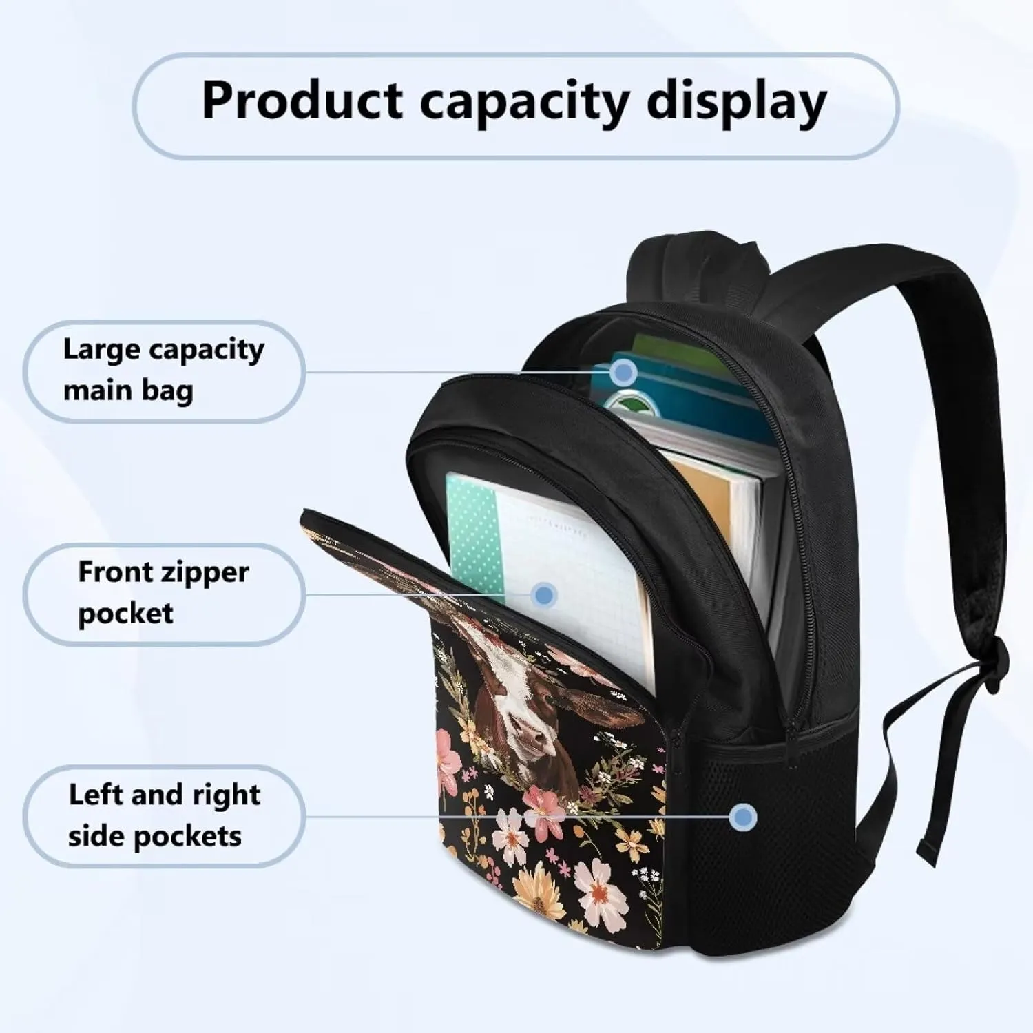 Cow Flower Print Backpacks for Kids Girls Boys, Lightweight 17 Inches Schoolbag with Adjustable Strap Casual Daypack Laptop Backpack Knapsack with Double Compartment for School Travel
