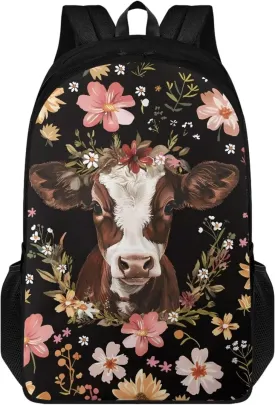 Cow Flower Print Backpacks for Kids Girls Boys, Lightweight 17 Inches Schoolbag with Adjustable Strap Casual Daypack Laptop Backpack Knapsack with Double Compartment for School Travel