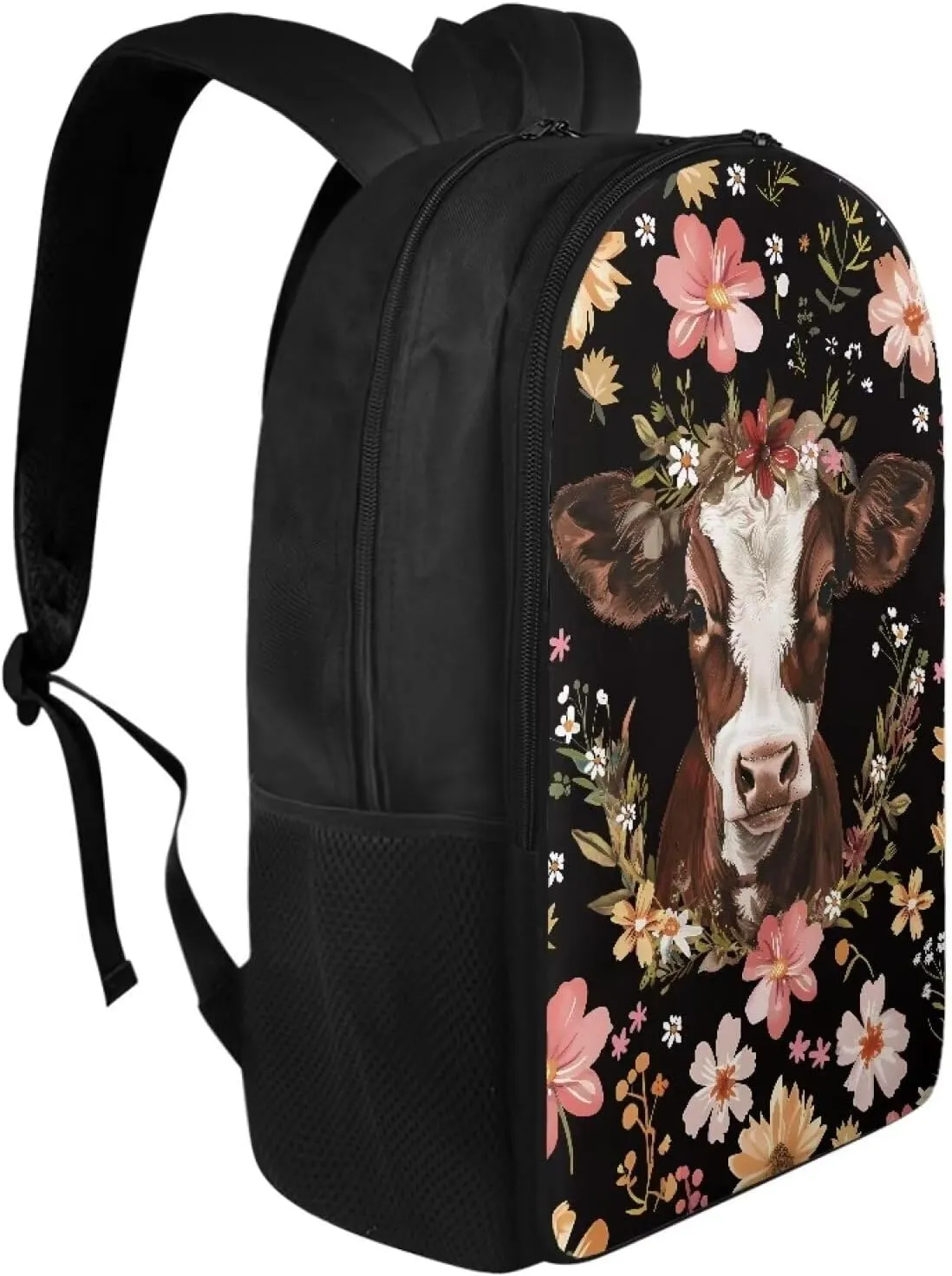 Cow Flower Print Backpacks for Kids Girls Boys, Lightweight 17 Inches Schoolbag with Adjustable Strap Casual Daypack Laptop Backpack Knapsack with Double Compartment for School Travel