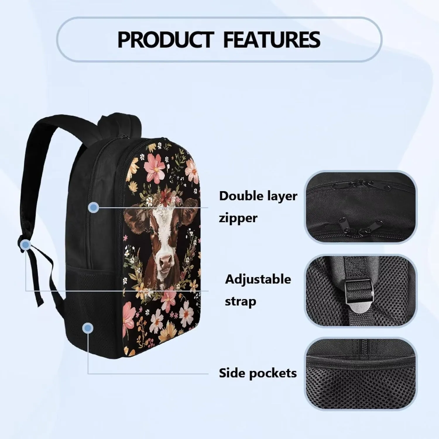 Cow Flower Print Backpacks for Kids Girls Boys, Lightweight 17 Inches Schoolbag with Adjustable Strap Casual Daypack Laptop Backpack Knapsack with Double Compartment for School Travel
