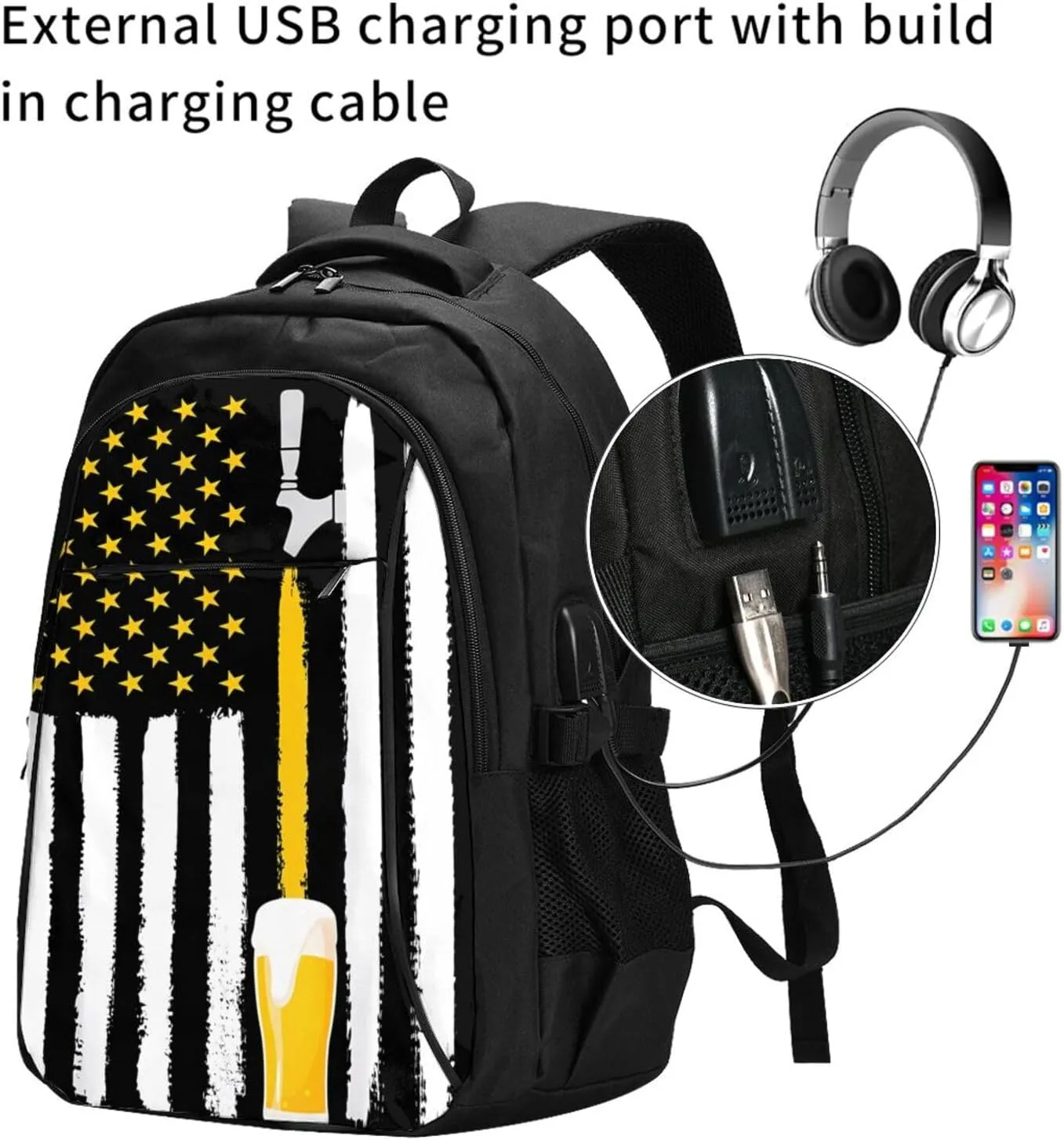 Craft Beer American Flag USA 4th July Brewery Travel Backpack Laptop Backpacks Business Rucksack Outdoor Daypack Large Sport Bag with Luggage Strap USB Charging Port for Hiking Working