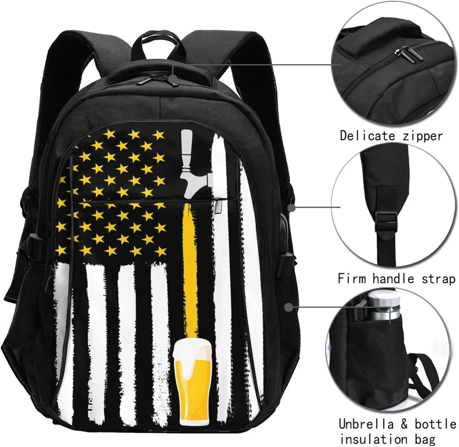 Craft Beer American Flag USA 4th July Brewery Travel Backpack Laptop Backpacks Business Rucksack Outdoor Daypack Large Sport Bag with Luggage Strap USB Charging Port for Hiking Working