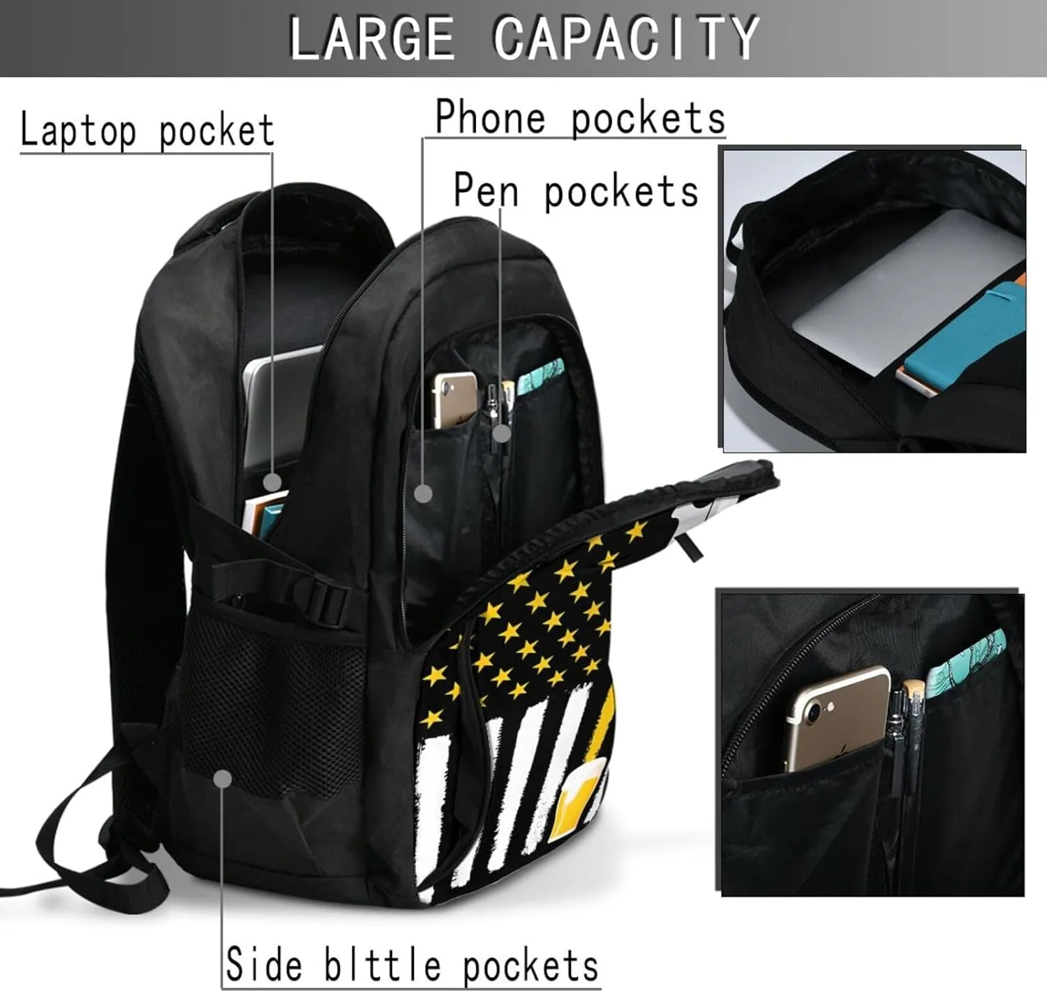 Craft Beer American Flag USA 4th July Brewery Travel Backpack Laptop Backpacks Business Rucksack Outdoor Daypack Large Sport Bag with Luggage Strap USB Charging Port for Hiking Working