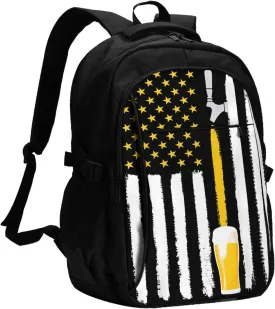 Craft Beer American Flag USA 4th July Brewery Travel Backpack Laptop Backpacks Business Rucksack Outdoor Daypack Large Sport Bag with Luggage Strap USB Charging Port for Hiking Working