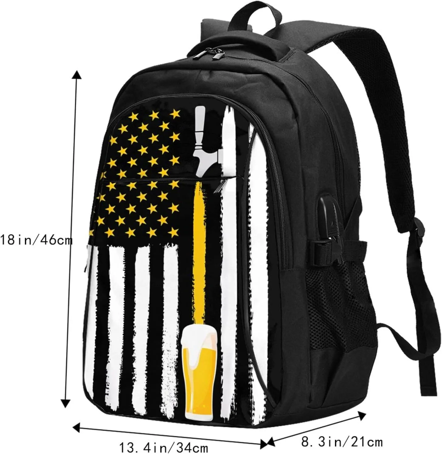 Craft Beer American Flag USA 4th July Brewery Travel Backpack Laptop Backpacks Business Rucksack Outdoor Daypack Large Sport Bag with Luggage Strap USB Charging Port for Hiking Working