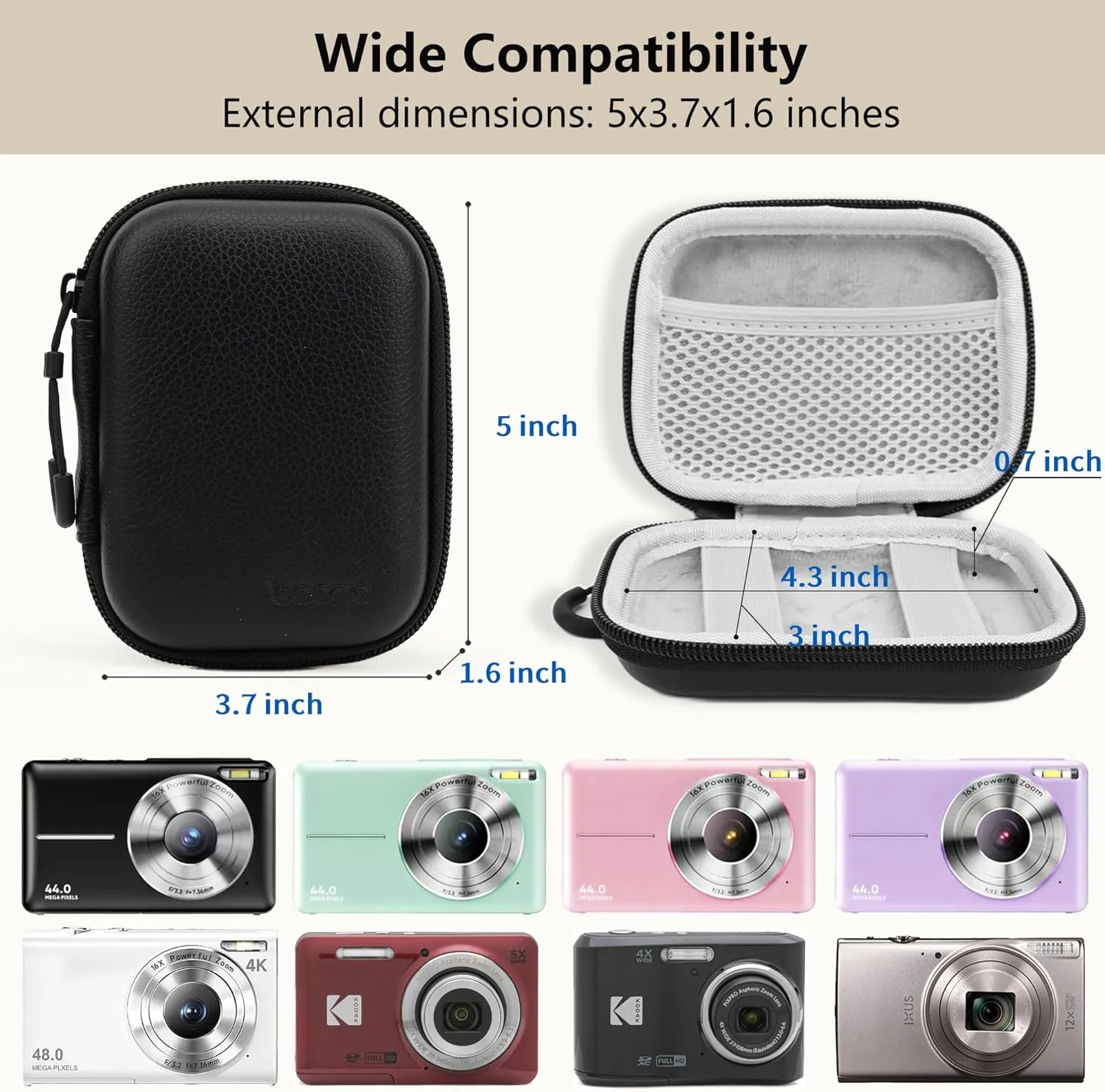 Digital Camera Case for CAMKORY, KODAK PIXPRO FZ45/FZ55, Canon IXUS 285 HS, Lecran, Small Travel Compact Camera Holder with Mesh Pocket for Accessories SD Card (Black)
