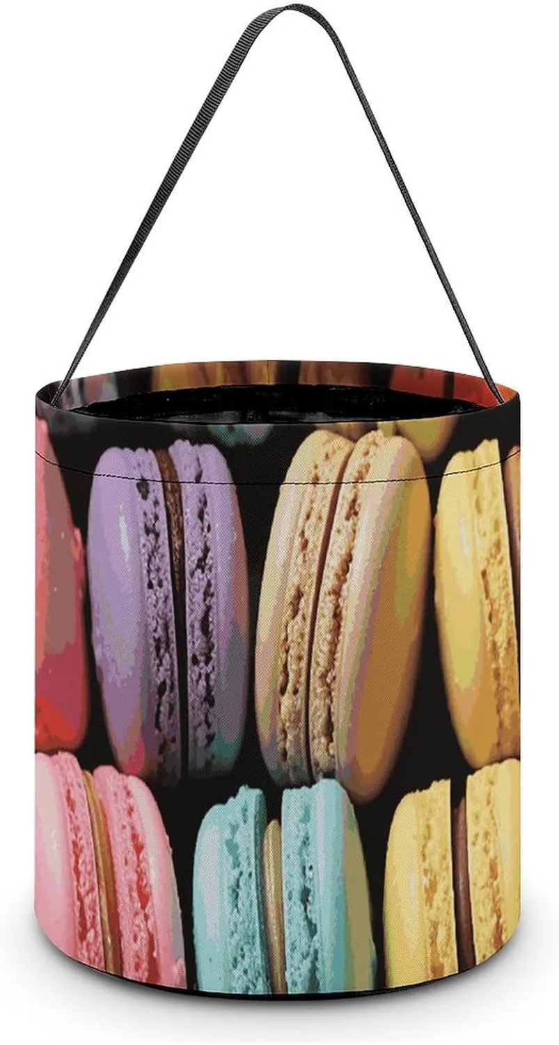 [Dimensions: 7.9W X 8.3L X 7.1Handle Inches] Halloween Tote Macaron Biscuit Flavored Pastries Printed Candy Bags - Reusable for Parties & Gifts
