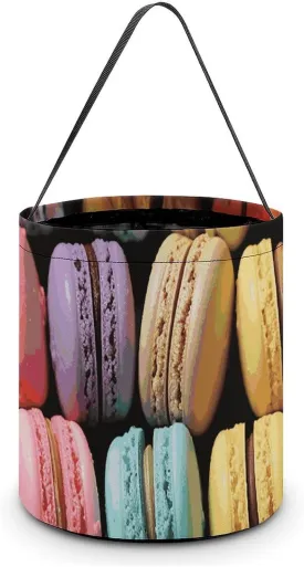 [Dimensions: 7.9W X 8.3L X 7.1Handle Inches] Halloween Tote Macaron Biscuit Flavored Pastries Printed Candy Bags - Reusable for Parties & Gifts