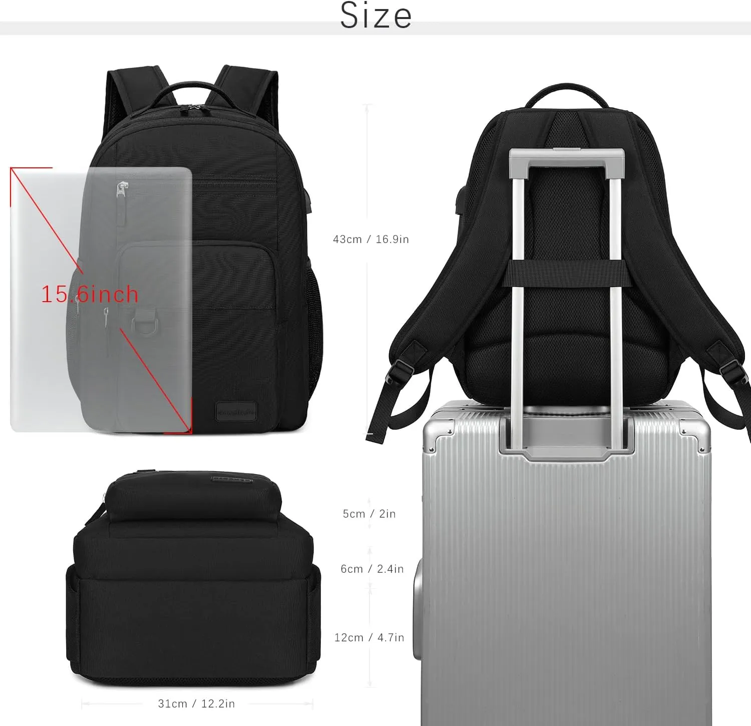 ecodudo Lightweight Black Backpack for Men Casual School Backpacks for College Work15.6 inch Laptop Bookbag with USB Charging Port