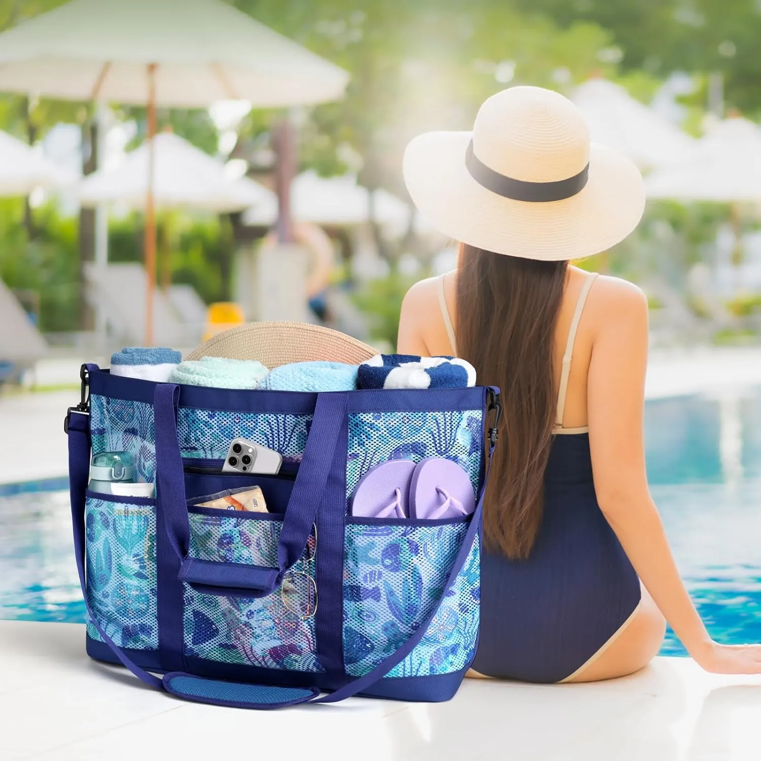 F-color Mesh Beach Bag Family - Beach Tote Bag Cruise Vacation Essentials, XL