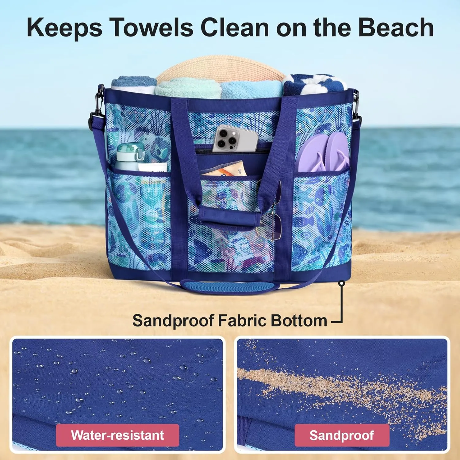 F-color Mesh Beach Bag Family - Beach Tote Bag Cruise Vacation Essentials, XL