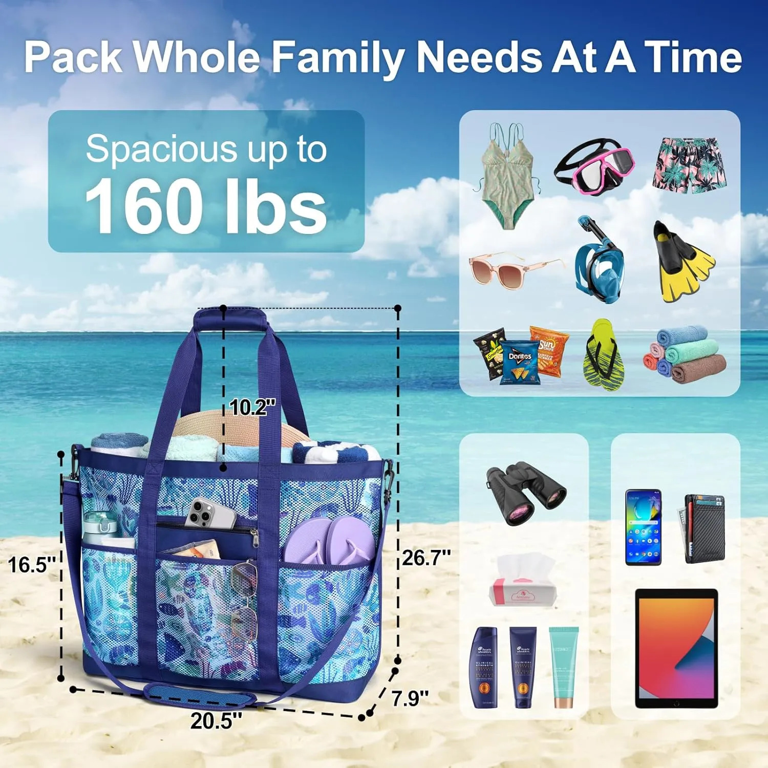 F-color Mesh Beach Bag Family - Beach Tote Bag Cruise Vacation Essentials, XL