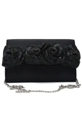 Floral Satin Evening Clutch-Black