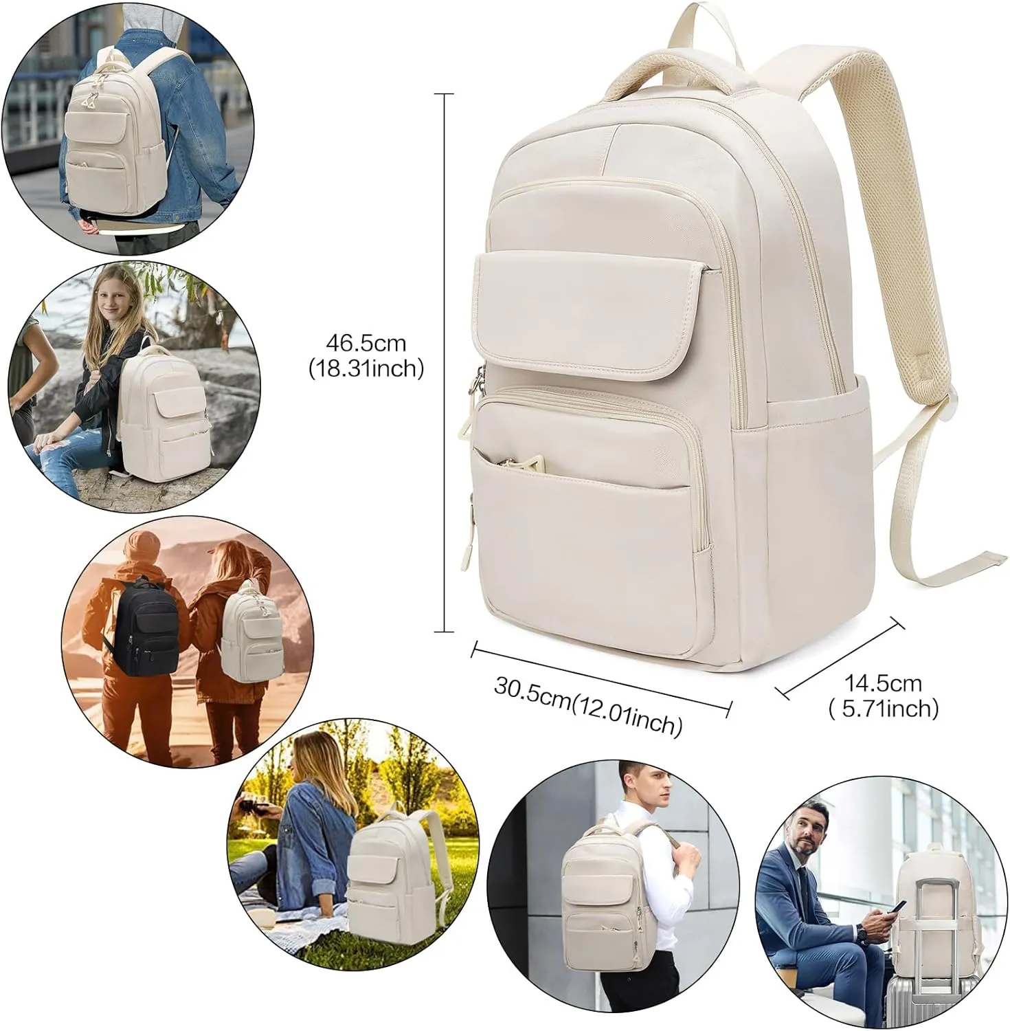 FOXLOVER Travel Laptop Backpack, Anti-Theft Slim Business Backpack, School College Bag for Men & Women, Fits 15.6 Inch Laptop (White)