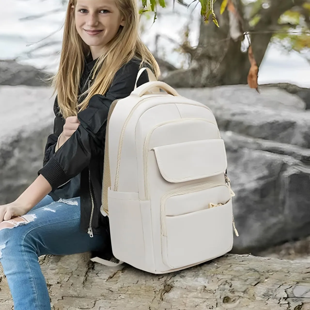 FOXLOVER Travel Laptop Backpack, Anti-Theft Slim Business Backpack, School College Bag for Men & Women, Fits 15.6 Inch Laptop (White)