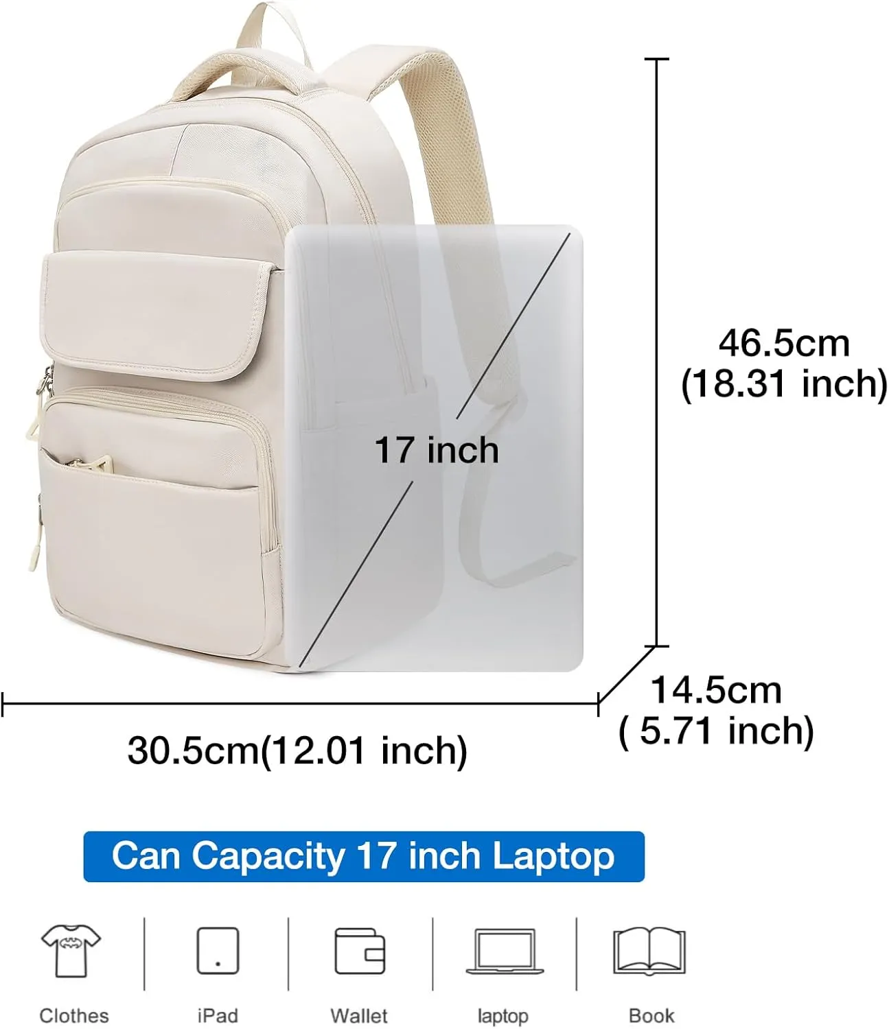 FOXLOVER Travel Laptop Backpack, Anti-Theft Slim Business Backpack, School College Bag for Men & Women, Fits 15.6 Inch Laptop (White)
