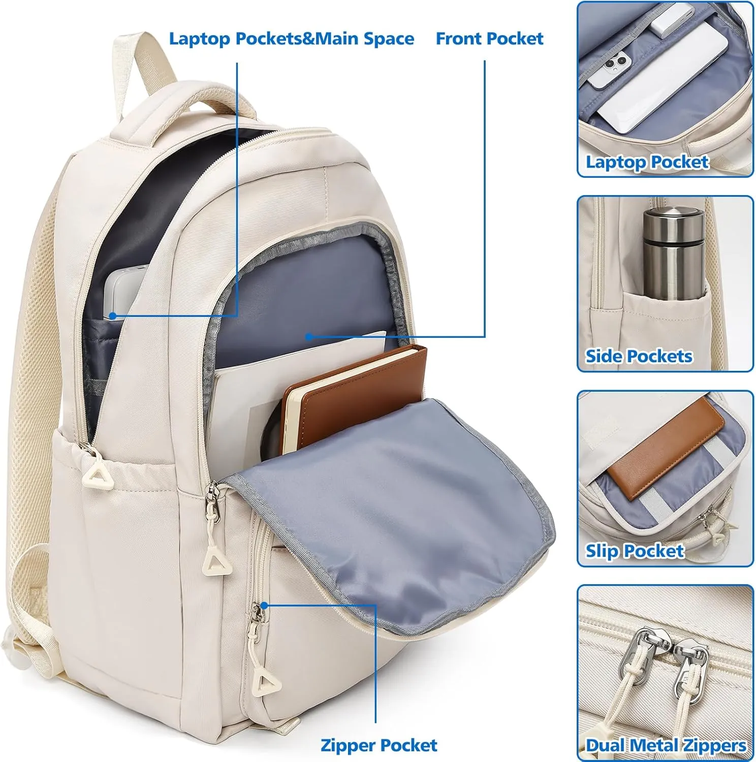 FOXLOVER Travel Laptop Backpack, Anti-Theft Slim Business Backpack, School College Bag for Men & Women, Fits 15.6 Inch Laptop (White)