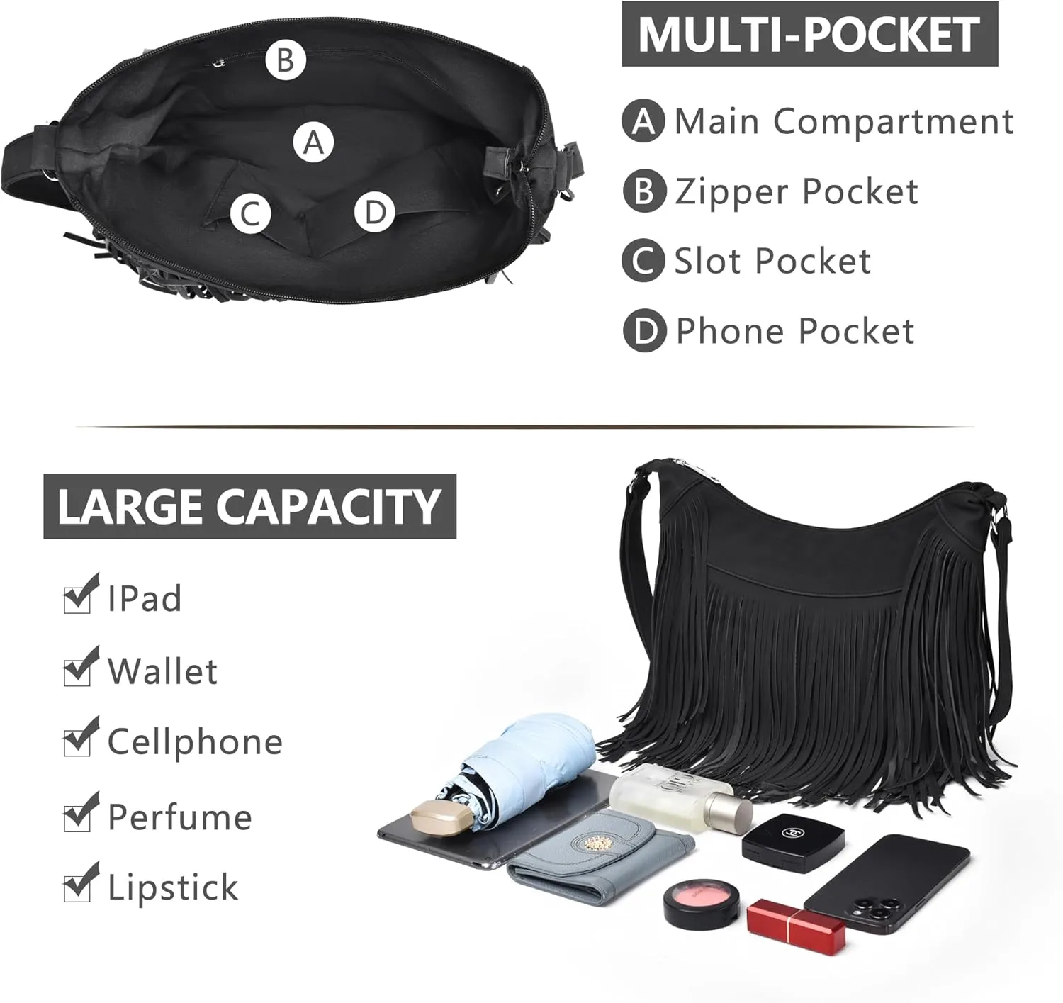 Fringe Hobo Bags for Women Vintage Suede Crossbody Bag Hippie Western Cowgirl Purses Tassel Shoulder Bag