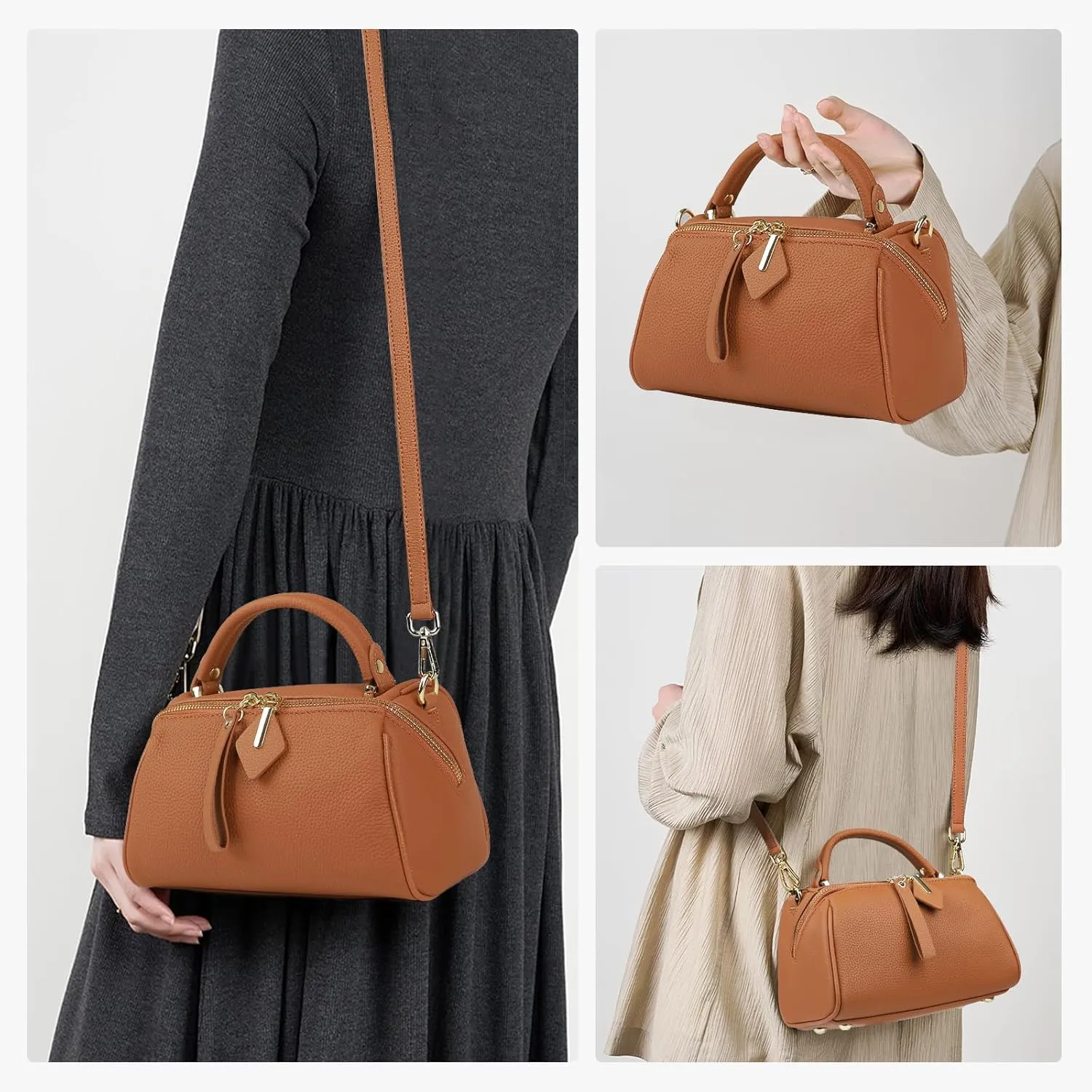 Genuine Leather Boston Bags for Women, Crossbody Bags Vintage Top Handle Satchels for Ladies with a adjustable Strap