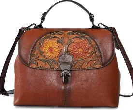 Genuine Leather Satchel for Women Top Handle Bags Handmade Purse Vintage Embossed Leather Crossbody Handbags Hobo Bag