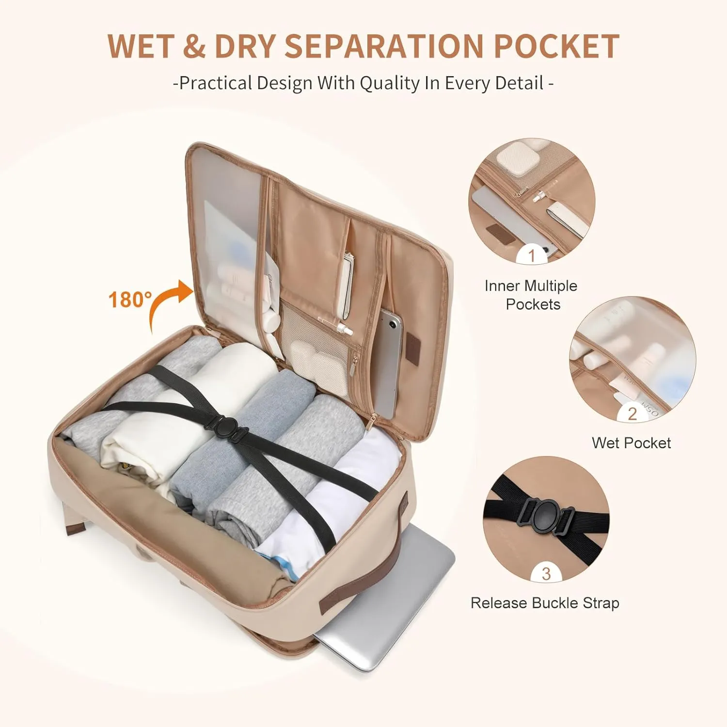 GOLF SUPAGS Stylish Laptop Backpack for Women Airline Approved Perfect for Work College and Travel Multi-Functional Casual Daypack Fits 17.3 Inch Notebook (Apricot)