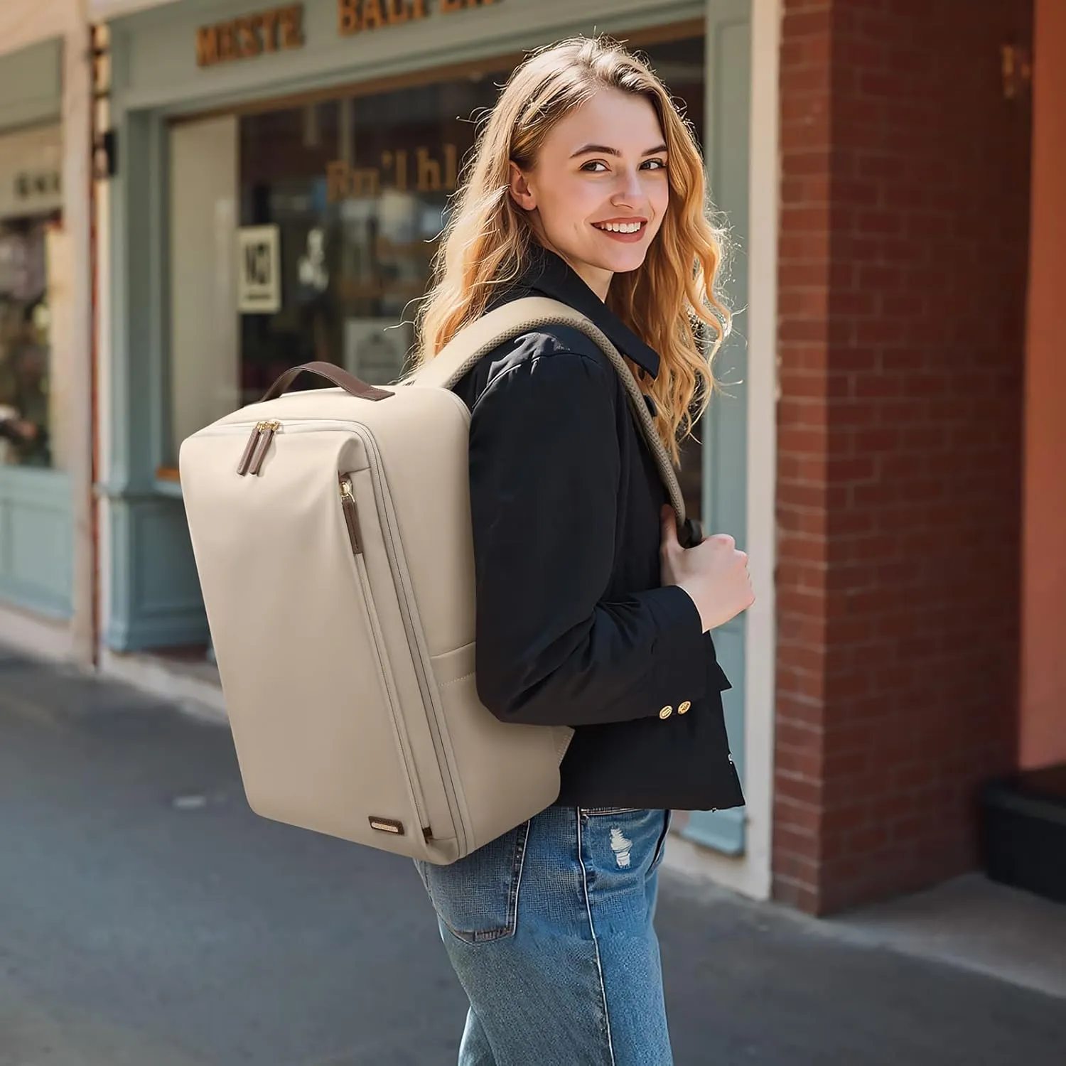 GOLF SUPAGS Stylish Laptop Backpack for Women Airline Approved Perfect for Work College and Travel Multi-Functional Casual Daypack Fits 17.3 Inch Notebook (Apricot)