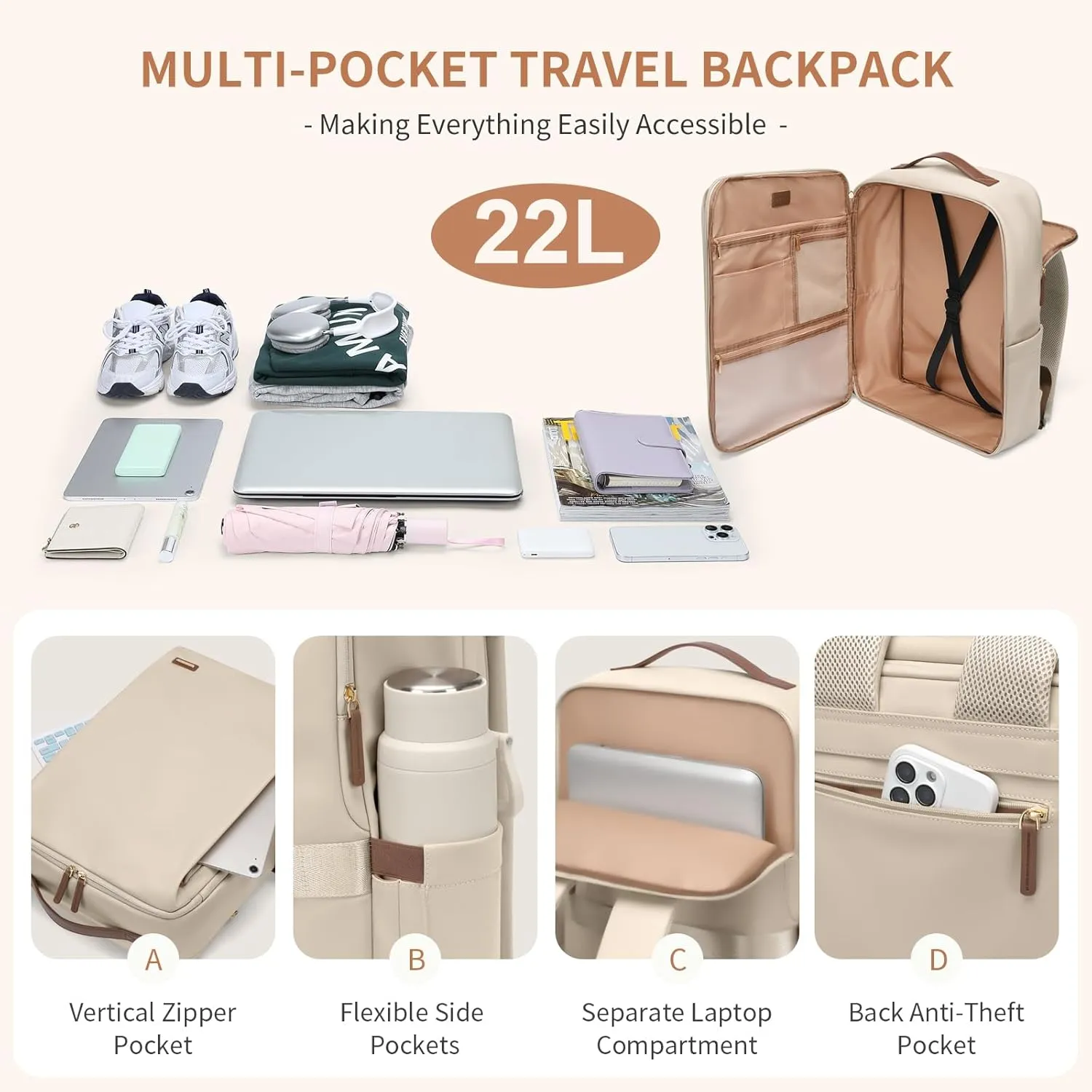 GOLF SUPAGS Stylish Laptop Backpack for Women Airline Approved Perfect for Work College and Travel Multi-Functional Casual Daypack Fits 17.3 Inch Notebook (Apricot)