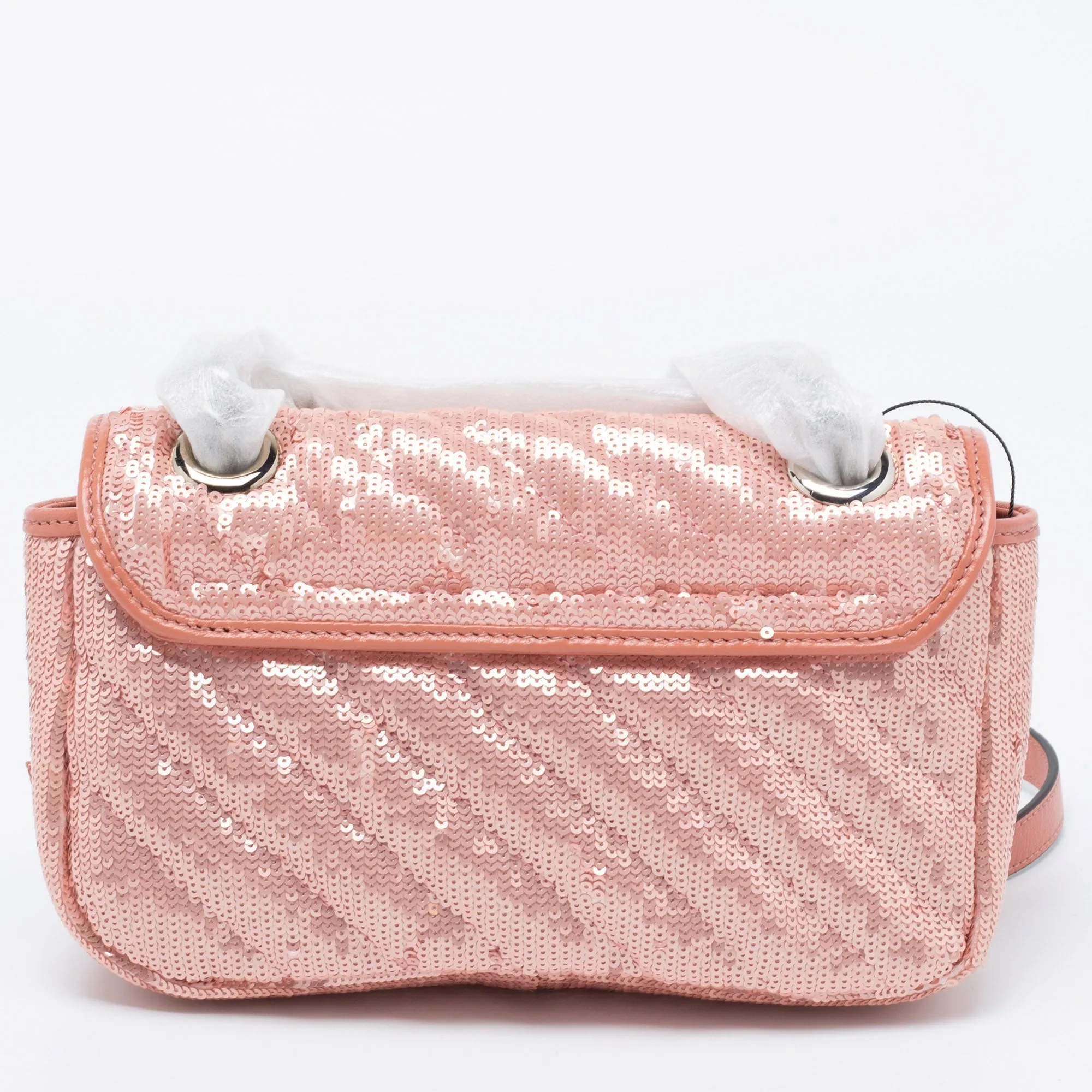 Gucci Pink Diagonal Sequins And Leather Mini GG Marmont Shoulder Bag