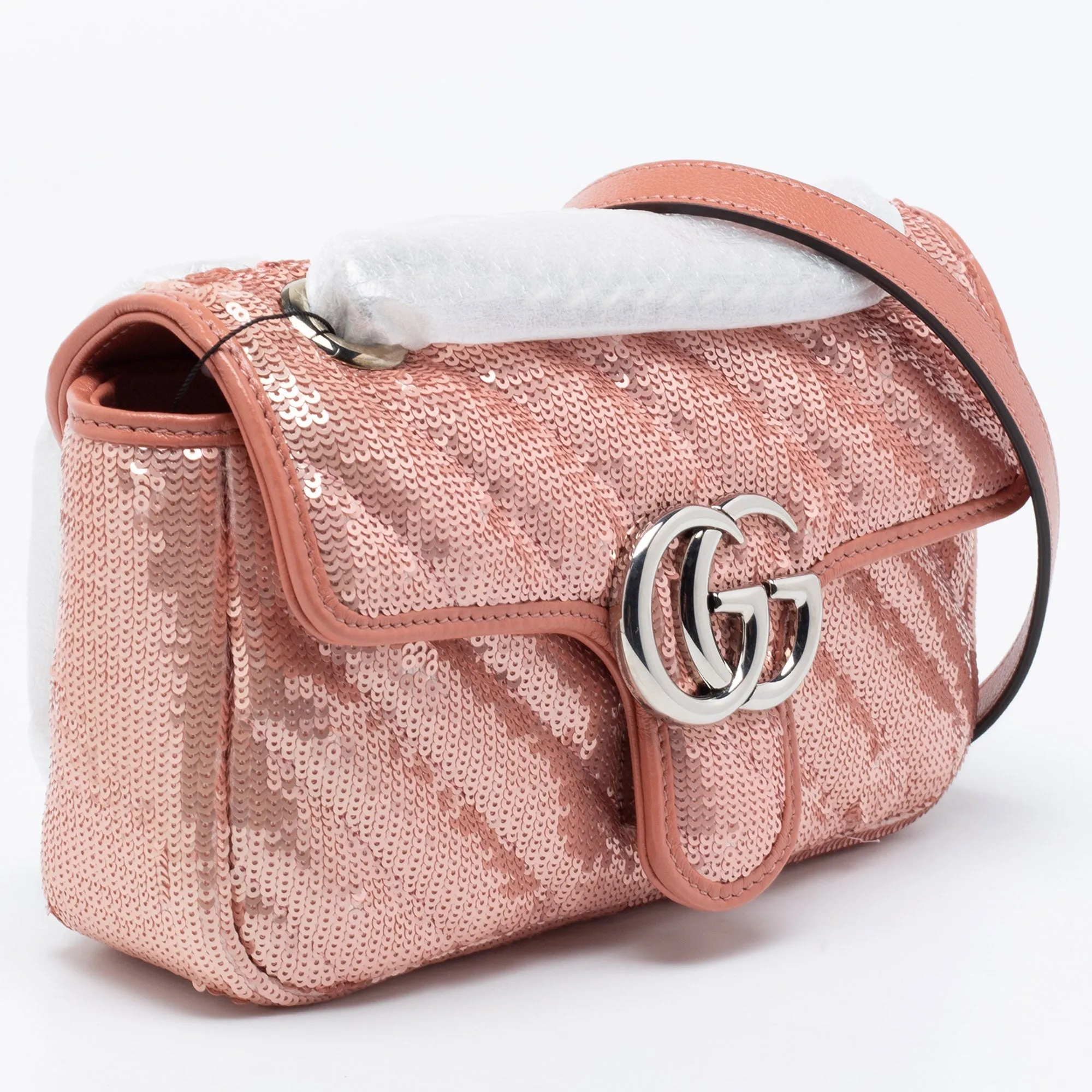Gucci Pink Diagonal Sequins And Leather Mini GG Marmont Shoulder Bag