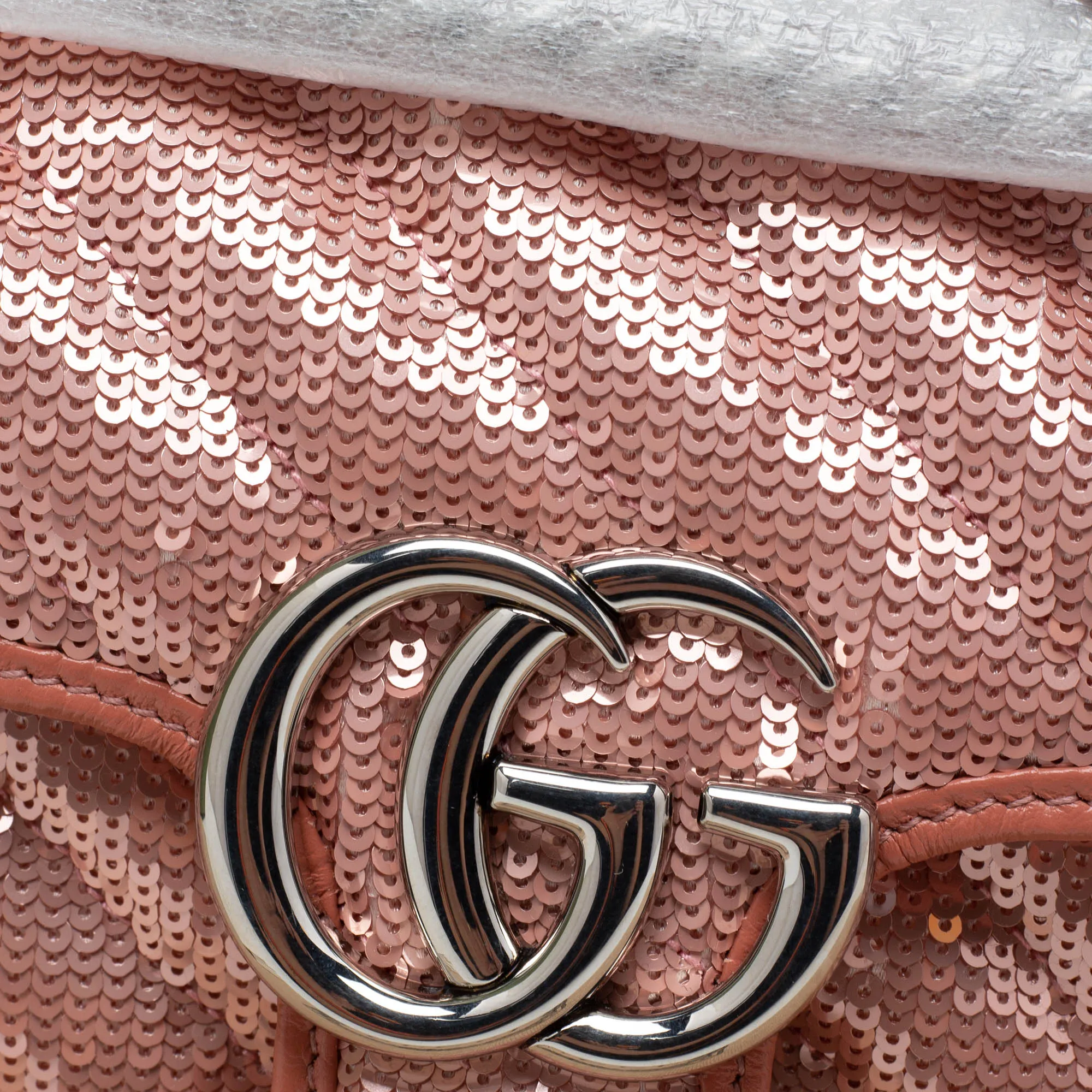 Gucci Pink Diagonal Sequins And Leather Mini GG Marmont Shoulder Bag