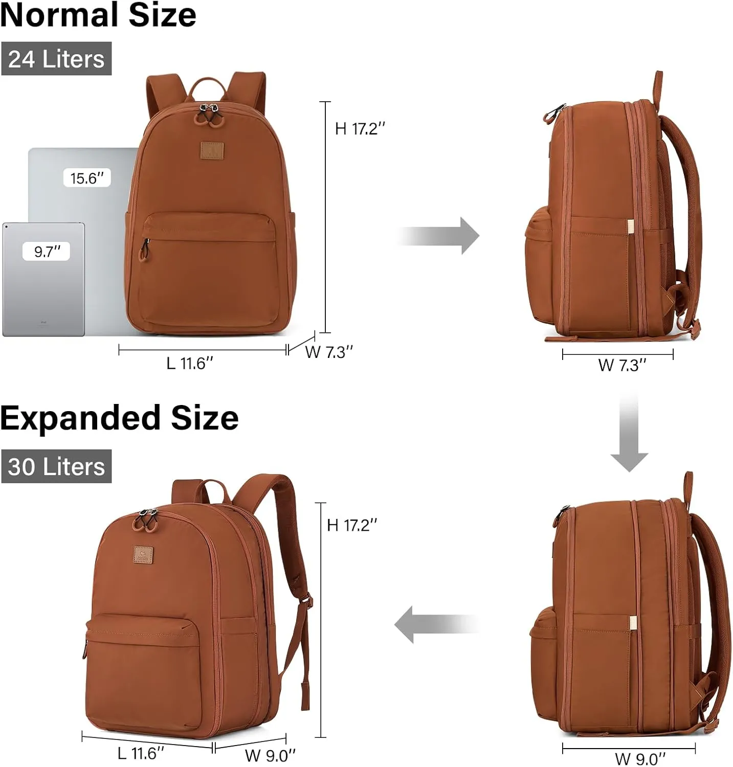 Hanke 18 Inch Expandable Travel Backpack for Women, Personal Item Backpack Work Backpack Woman Men Casual Daypack Backpacks Carry On Bag Backpacks for Airline Approved(Caramel)