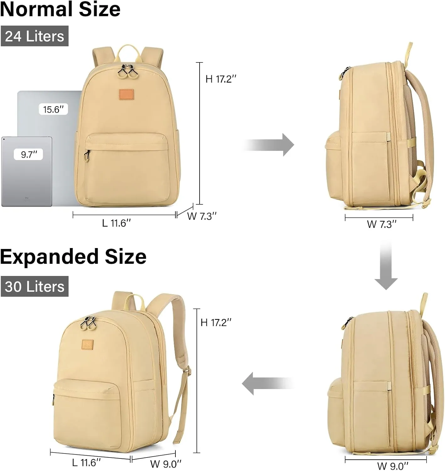 Hanke 18 Inch Expandable Travel Backpack for Women, Personal Item Backpack Work Backpack Woman Men Casual Daypack Backpacks Carry On Bag Backpacks for Airline Approved(Khaki)